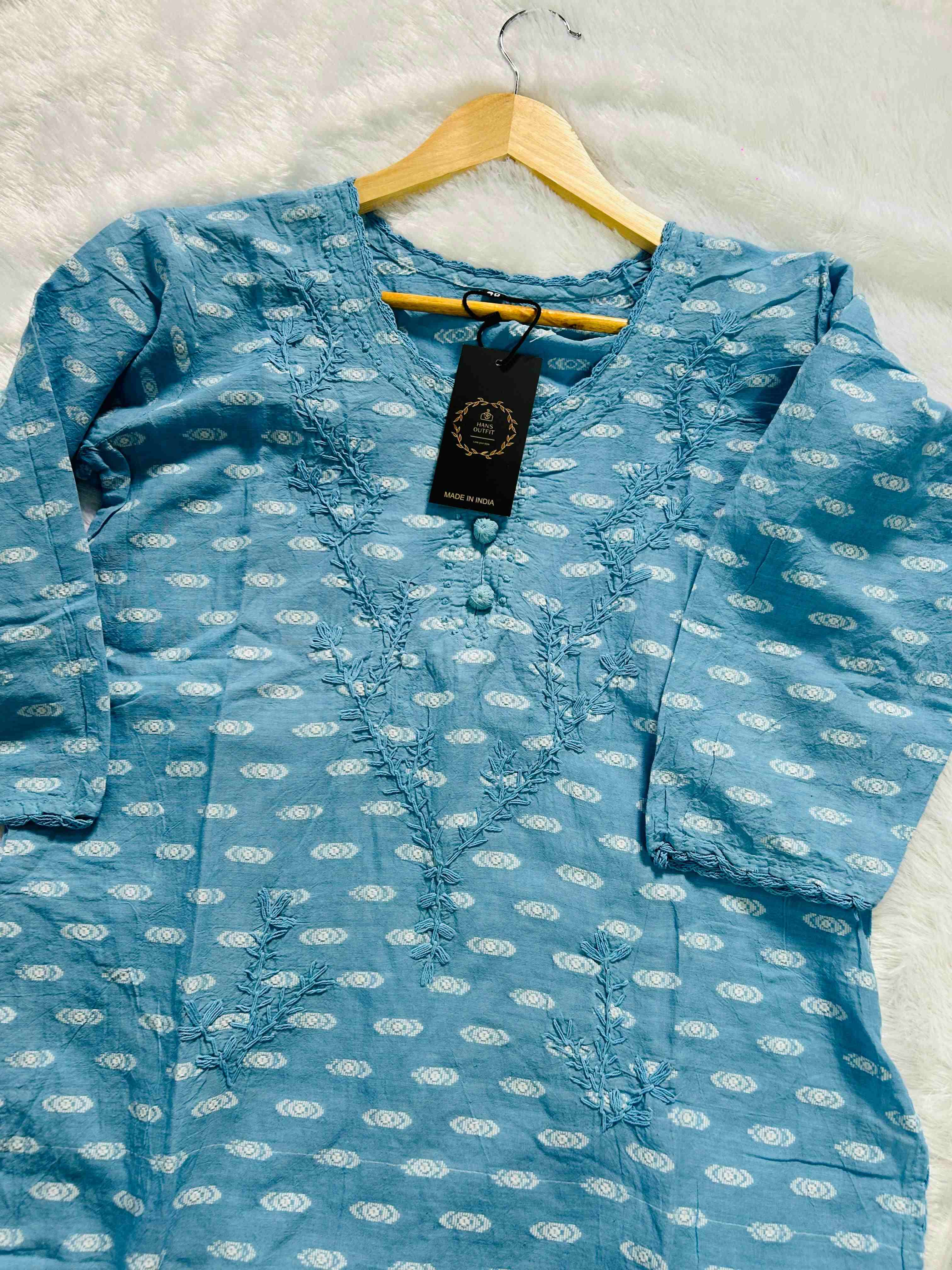 Sky Blue Lucknowi chickenkari cotton  kurta