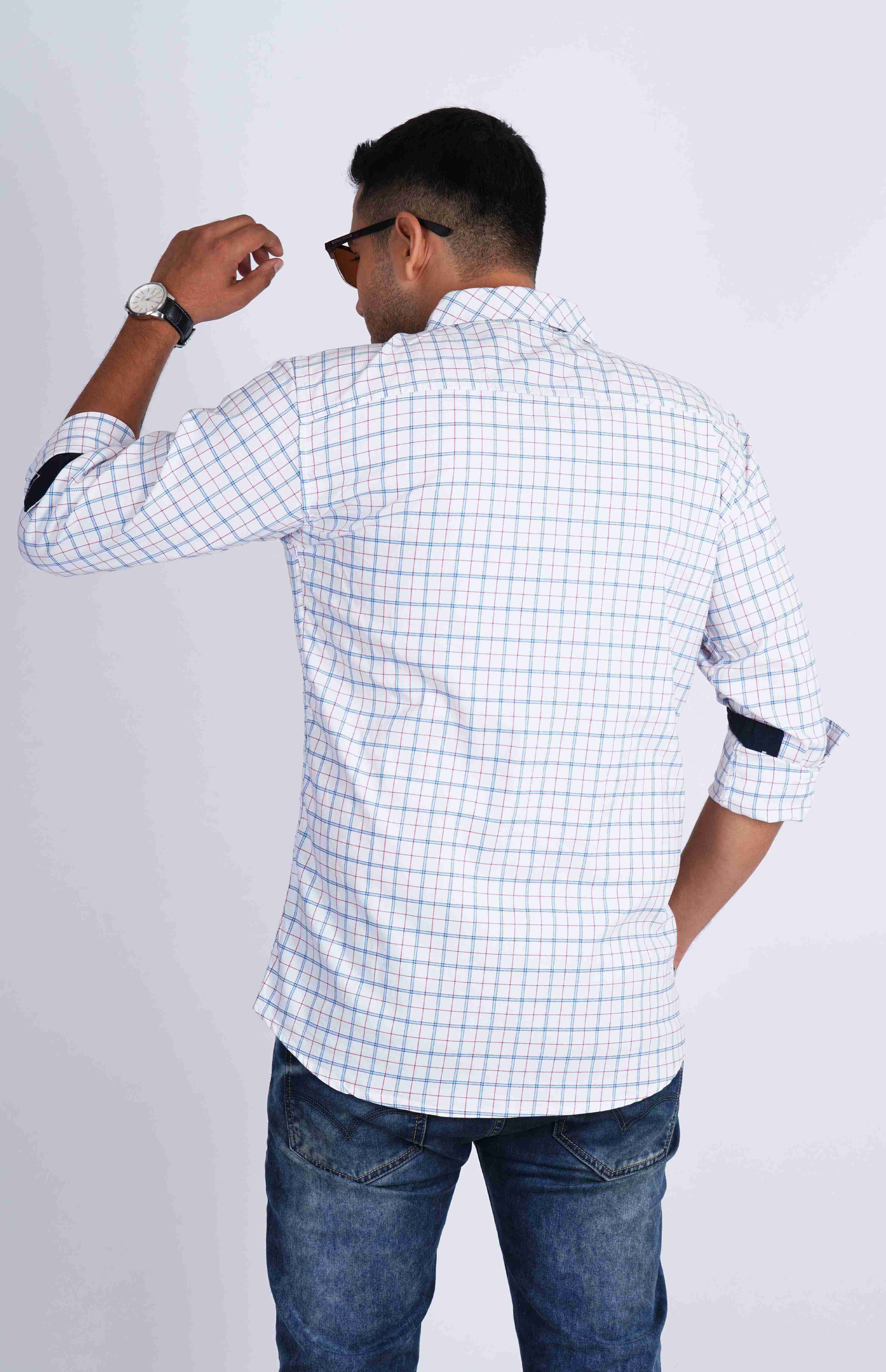 White Blue Lycra Checks Stretchable Cotton Shirt