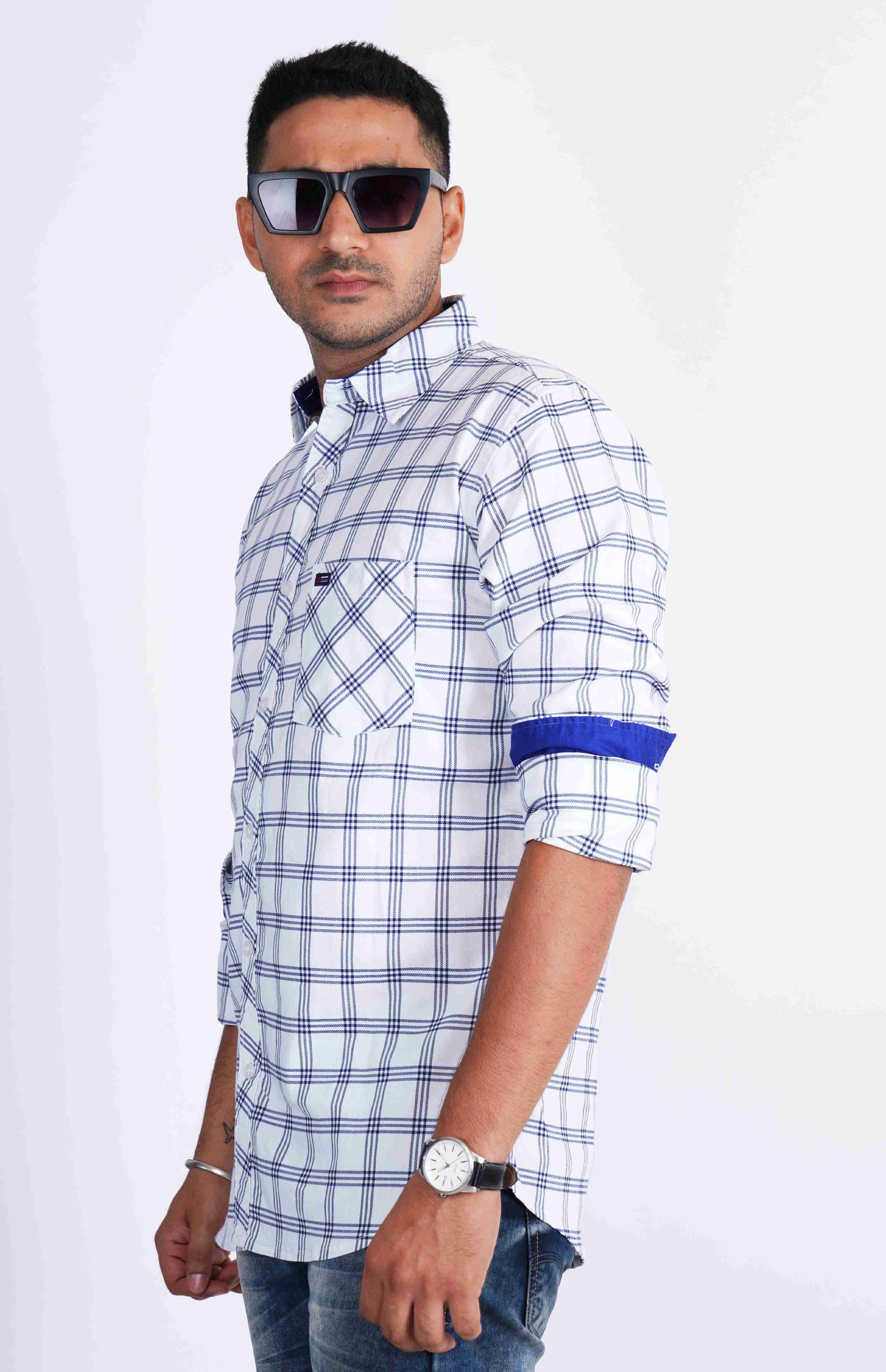 White Royal Blue Lycra Checks Stretchable Cotton Shirt