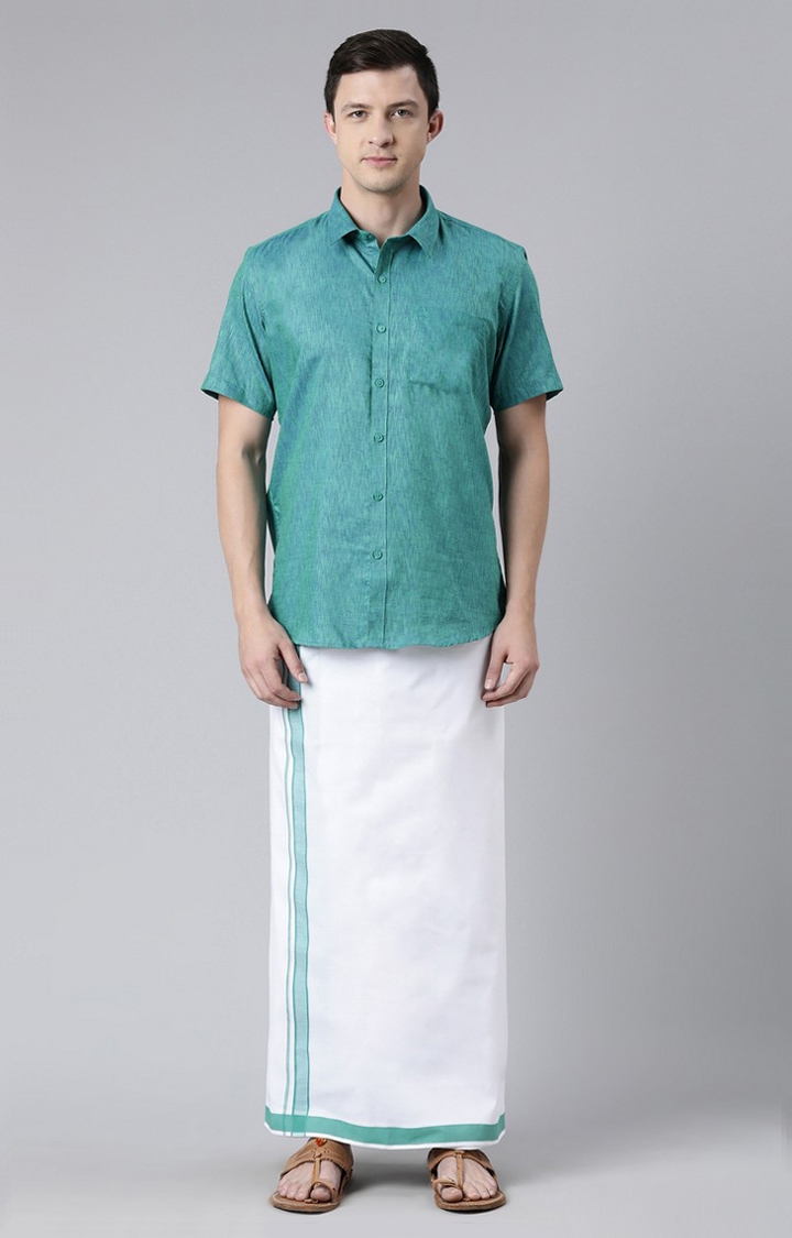 Chennis | Men's Green Cotton Solid Ethnic Set 0