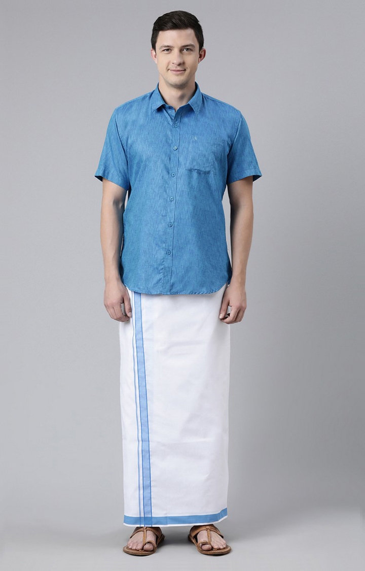 Chennis | Men's Blue Cotton Solid Ethnic Set 0