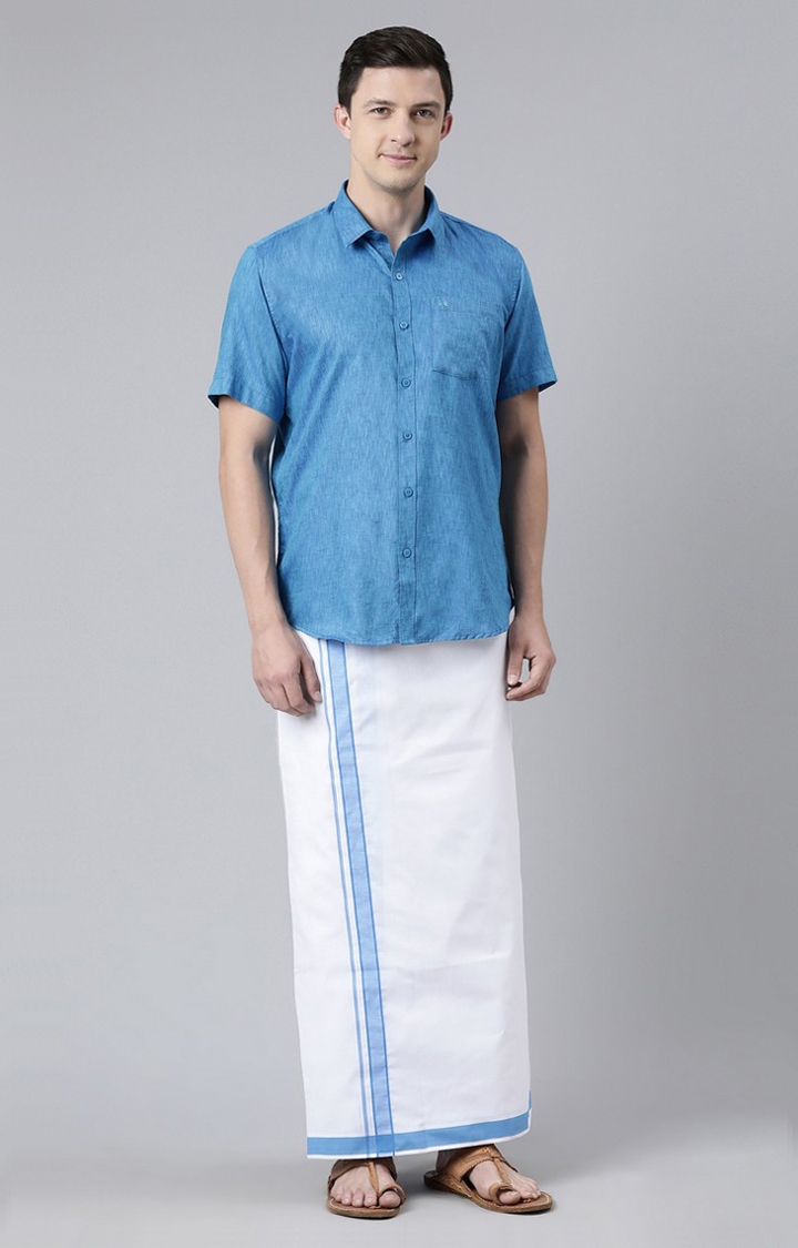 Chennis | Men's Blue Cotton Solid Ethnic Set 1