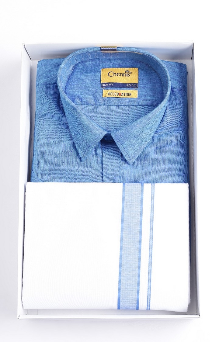 Chennis | Men's Blue Cotton Solid Ethnic Set 5