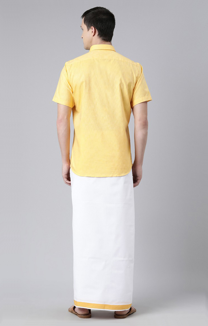 Men's Yellow Cotton Solid Ethnic Set