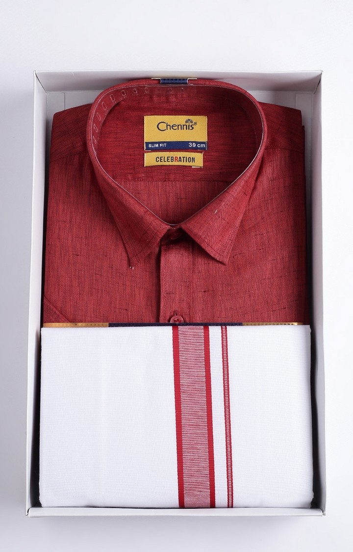 Chennis | Men's Red Cotton Solid Ethnic Set 5