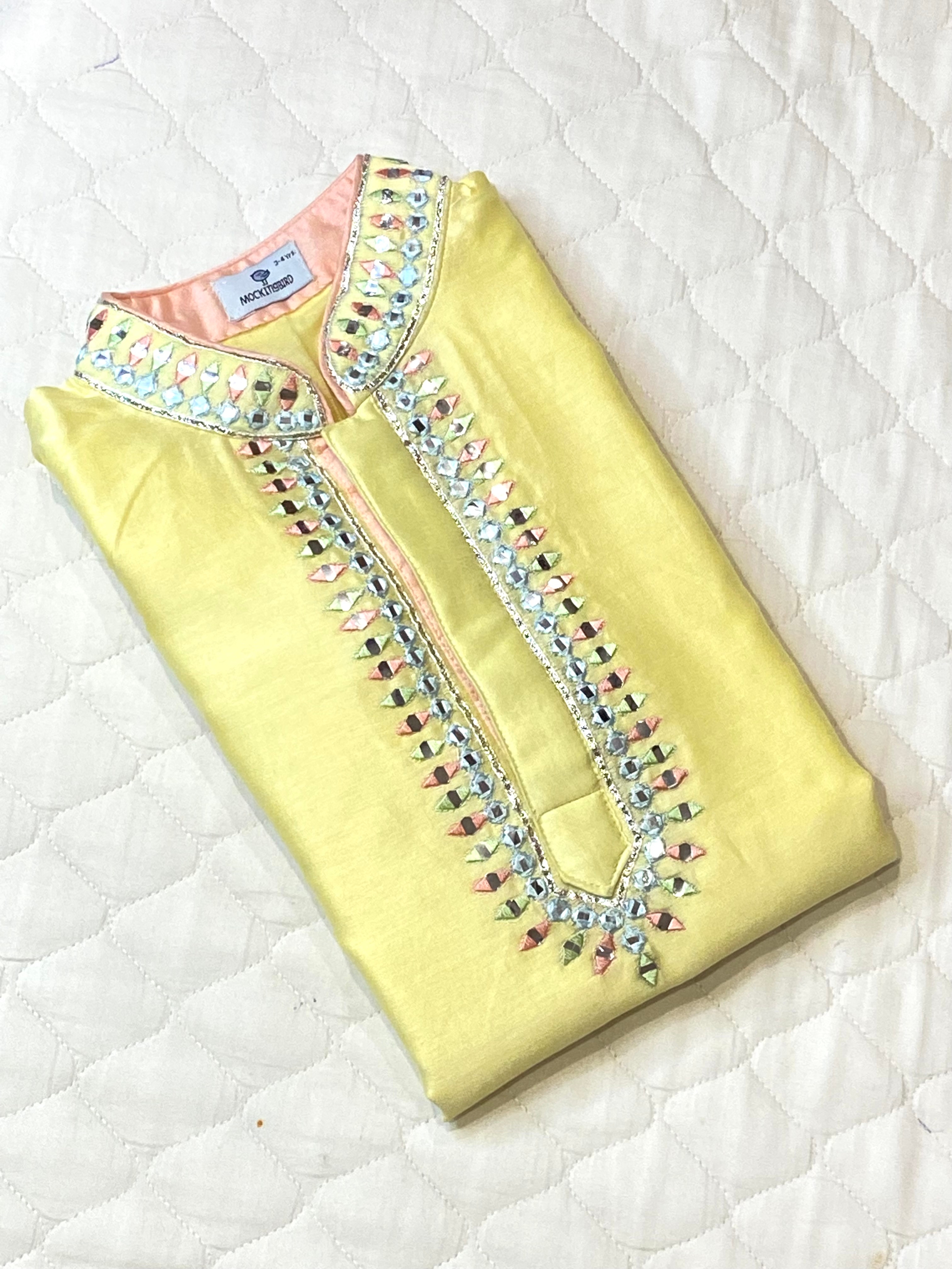Lemon Yellow Kurta with Resham and Mirror Work & Ivory Pyjama