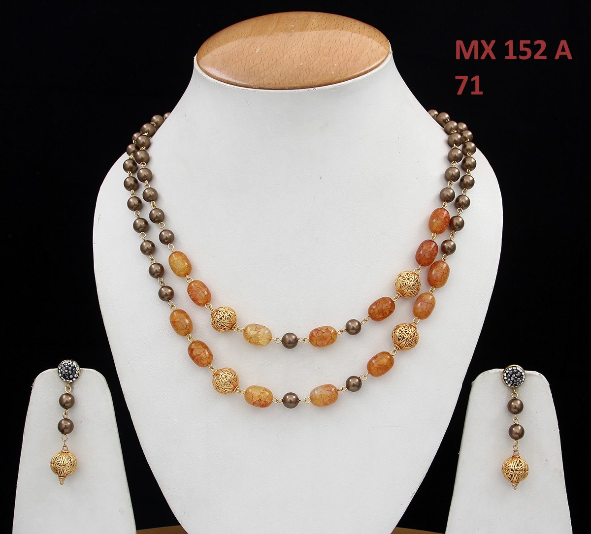 Ethnic Two Strand Stone Beaded Style Necklace With Earrings Orange Jasper Gold Plated Designer Fashion Jewellery For Girls And Womens