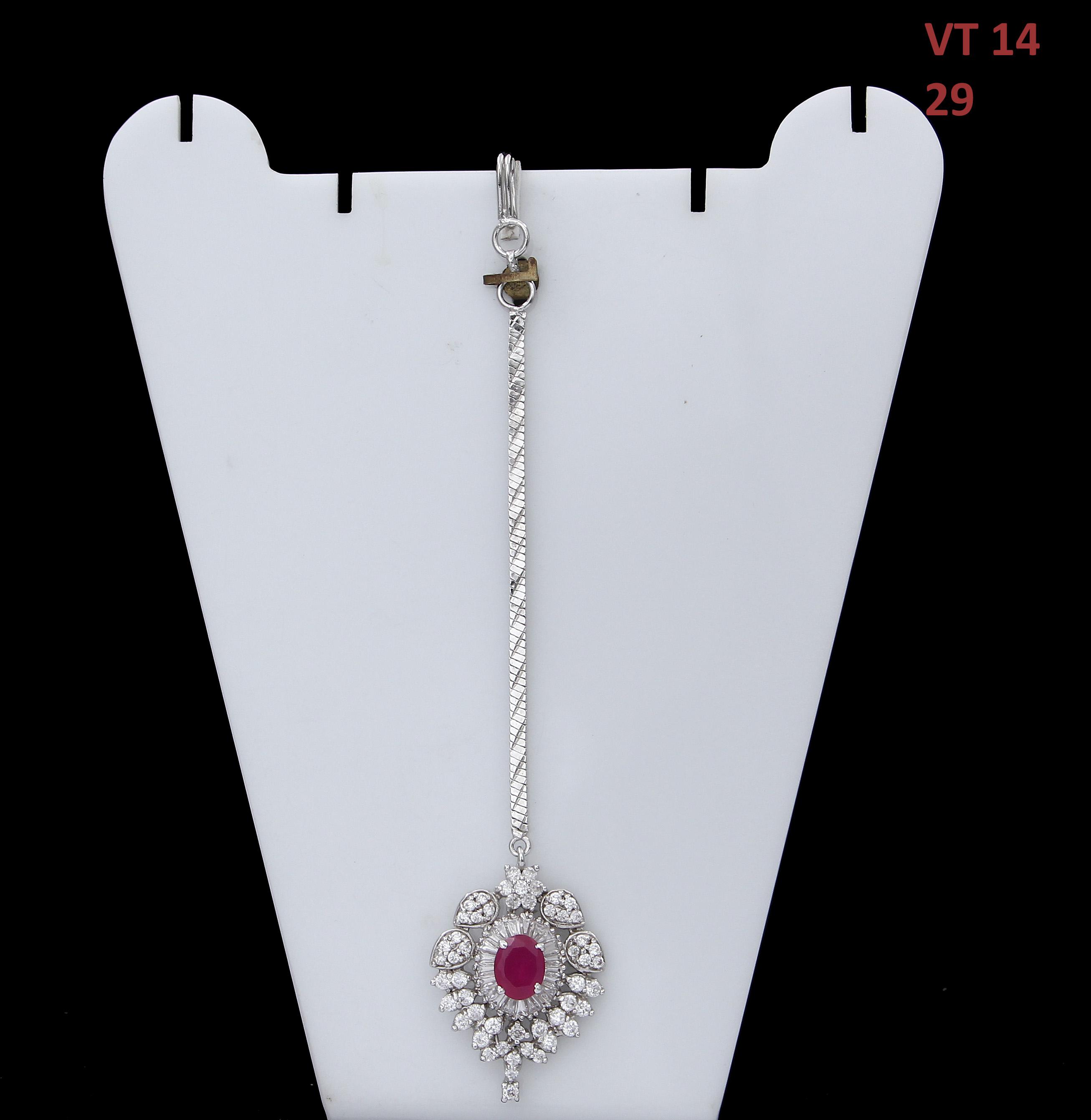 Exquisite Maang Tikka Red Cubic Zircon Brass 18K Silver Plated Thin Strand Round Shaped Embellished With Red Ruby Cubic Zircon Gemstone Forehead Jewellery For Women And Girls
