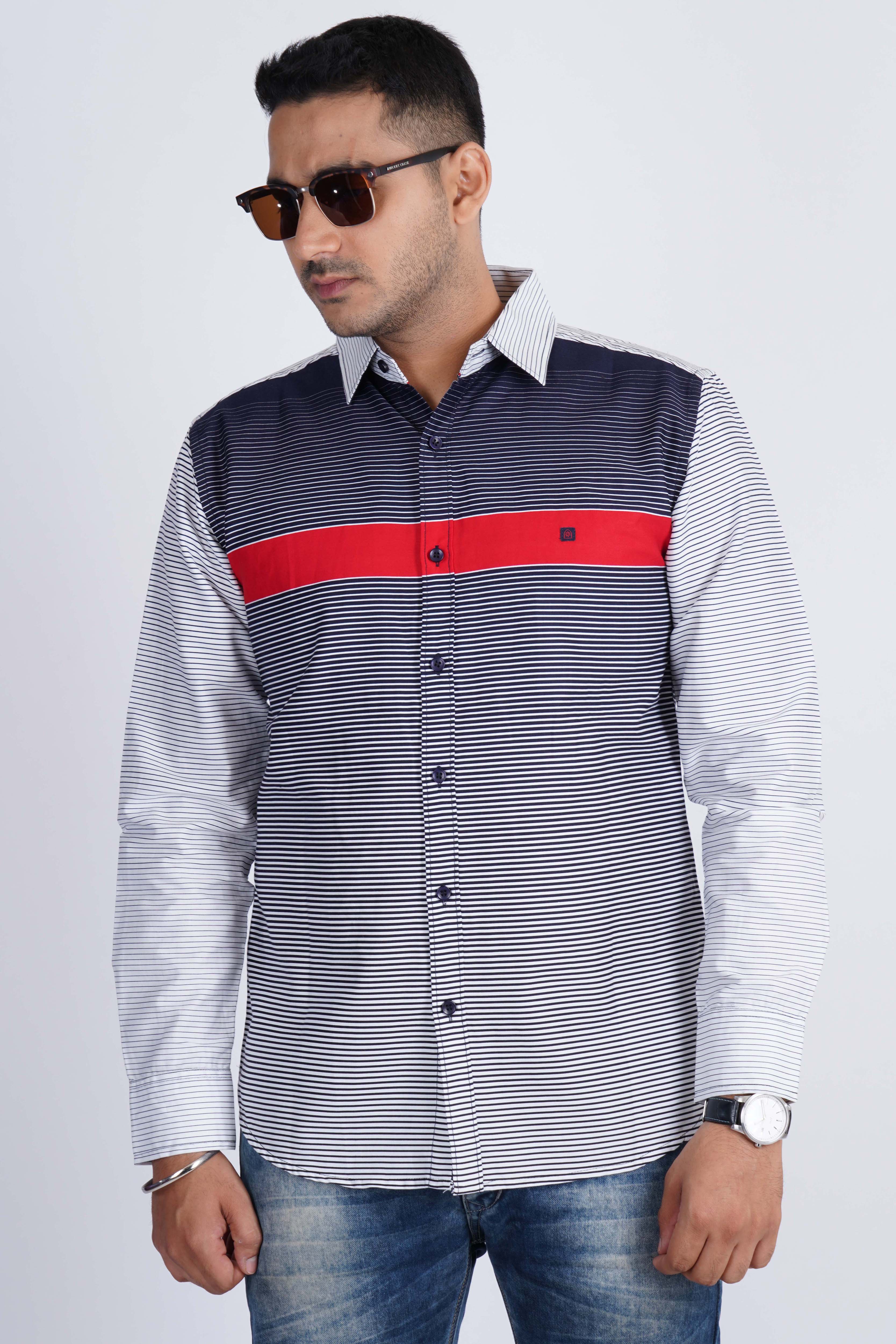 White Red Panel Strips Cotton Shirt