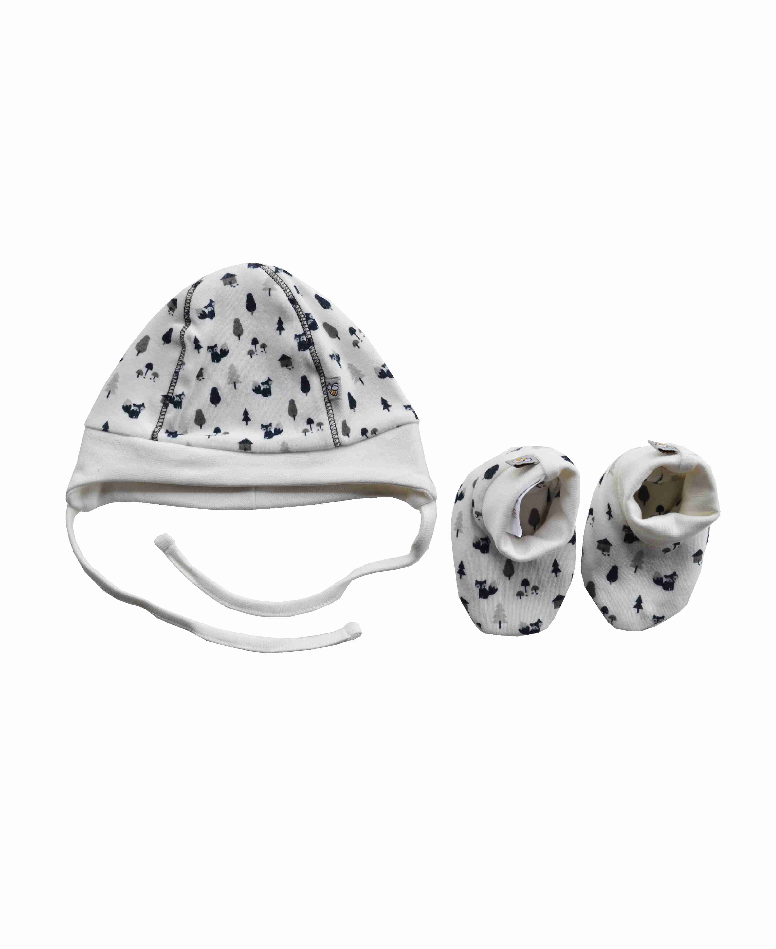 Allover Print On Off. White Cap + Booties Set (100% Cotton Interlock Biowash)