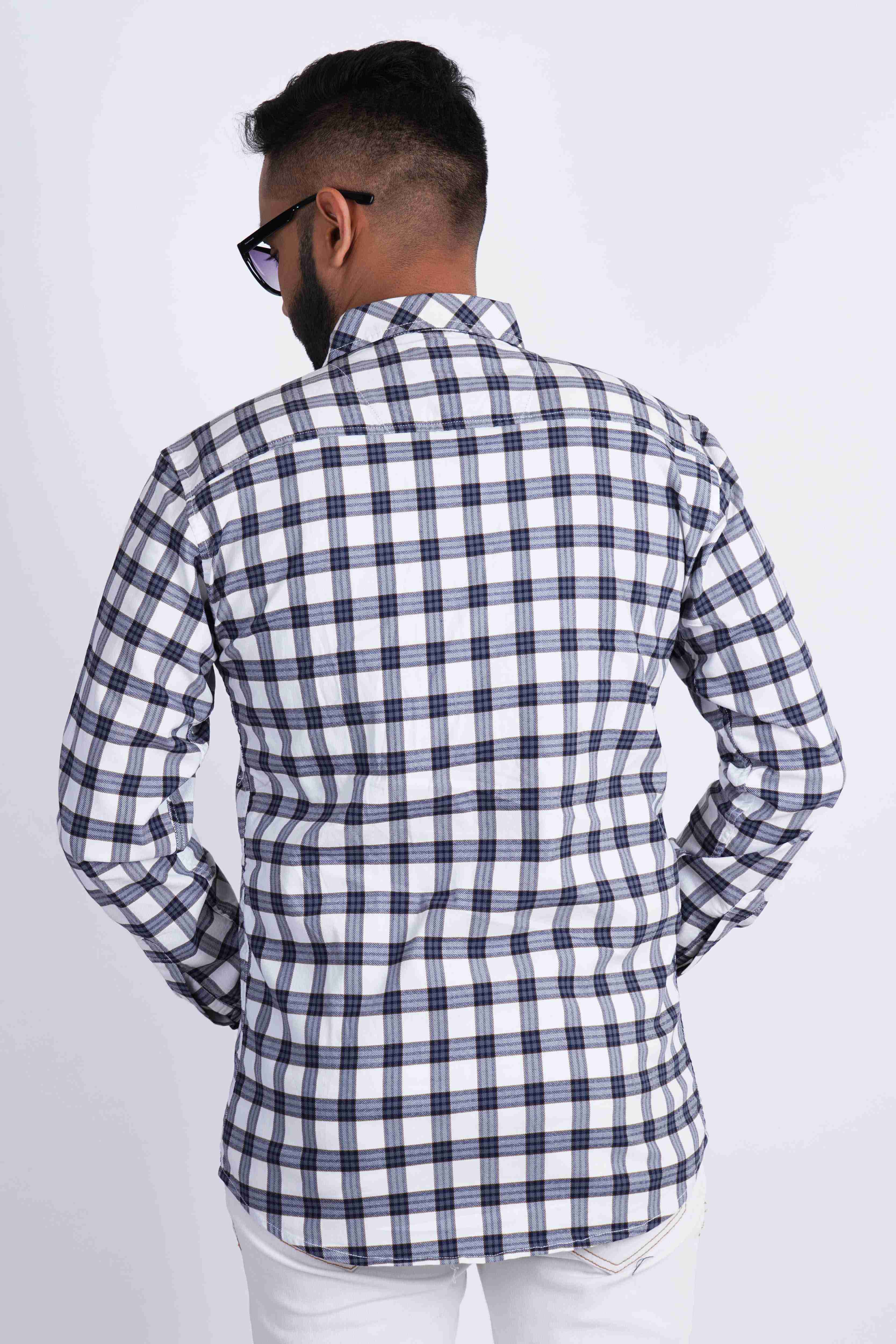 Grey White Lycra Checks Stretchable Cotton Shirt