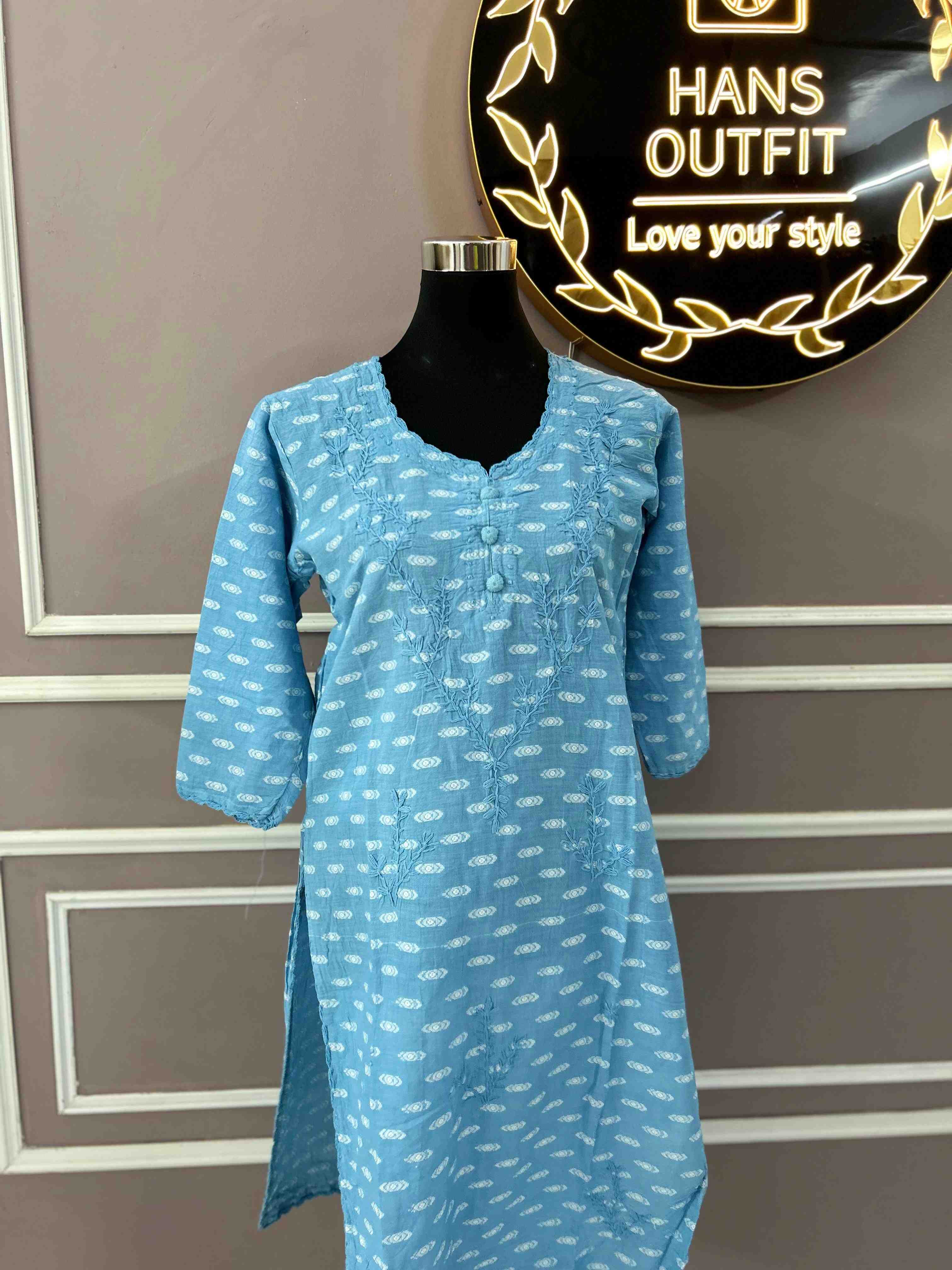 Sky Blue Lucknowi chickenkari cotton  kurta