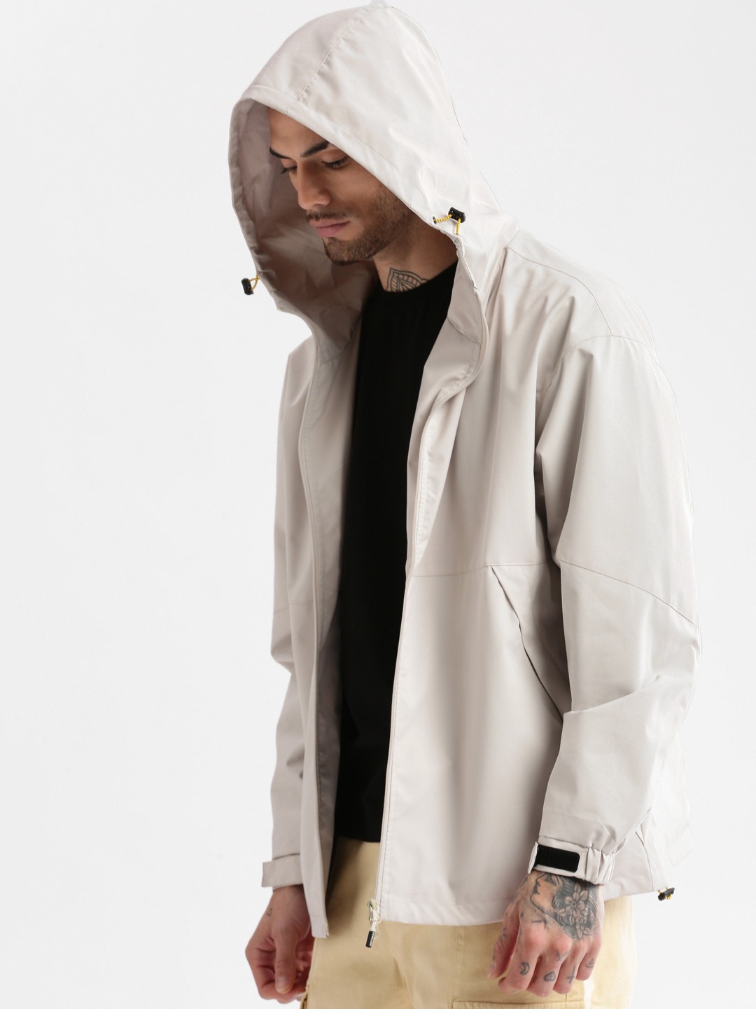 SHOWOFF Men s Hooded Cream Solid Tailored Oversized Jacket