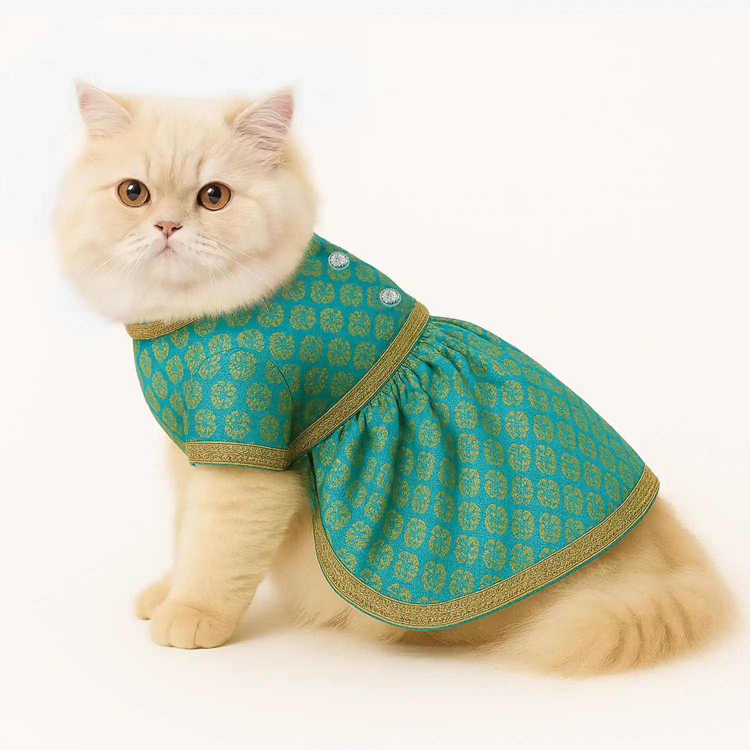 Pawsindia Traditional Royal Brocade Dress for Cats, Aqua Green | Ethnic Festive Wear