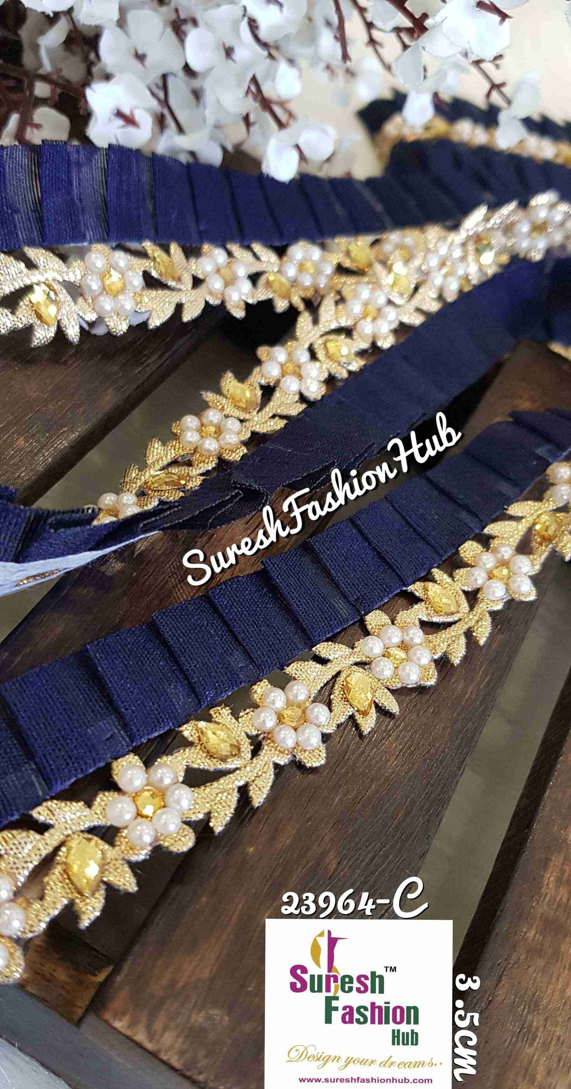 Designer Navy Blue Flowers Embellished Trim