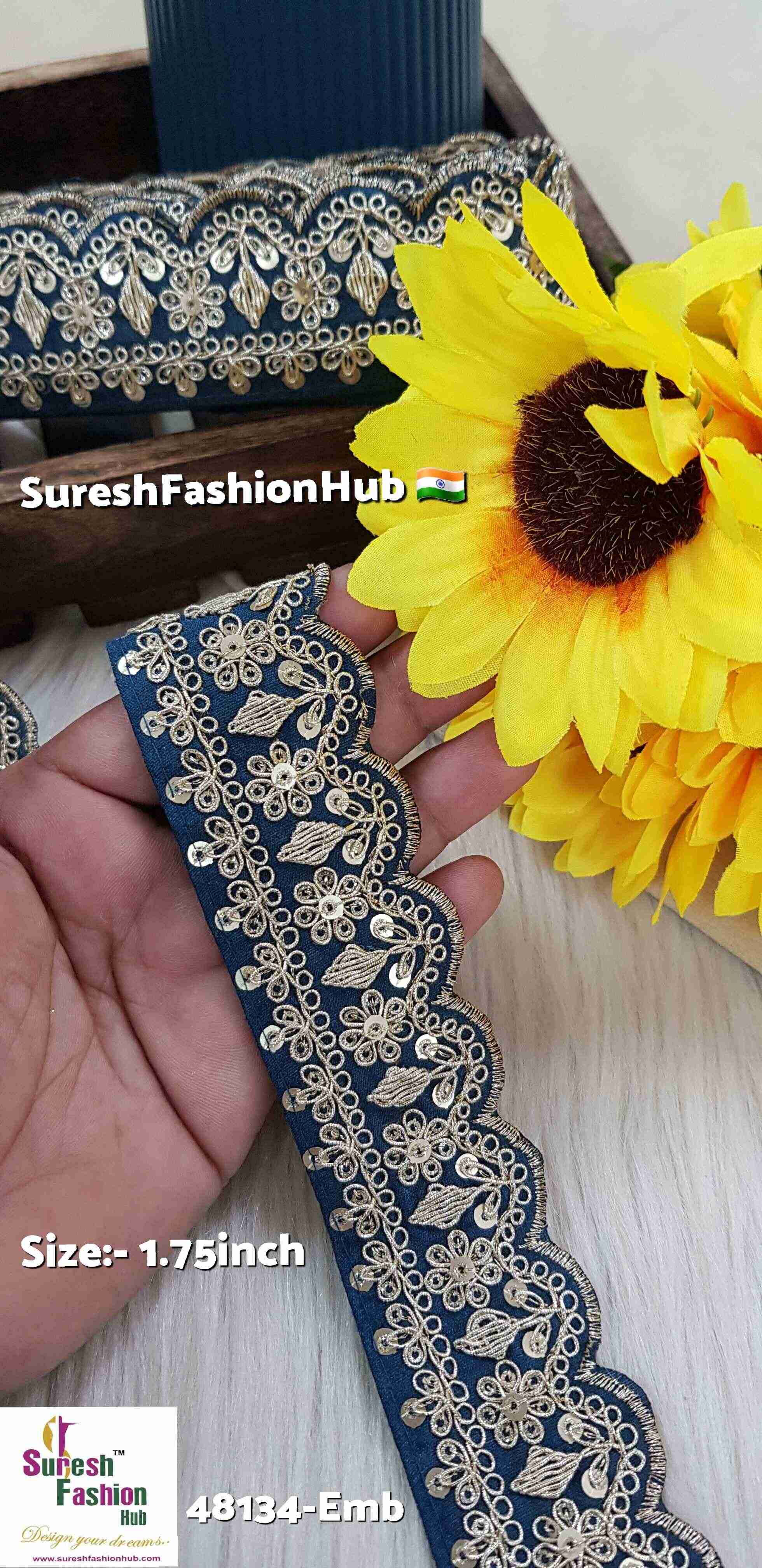Petrol Blue Scalloped Pearl Dori Embroidery Lace on Beige Net