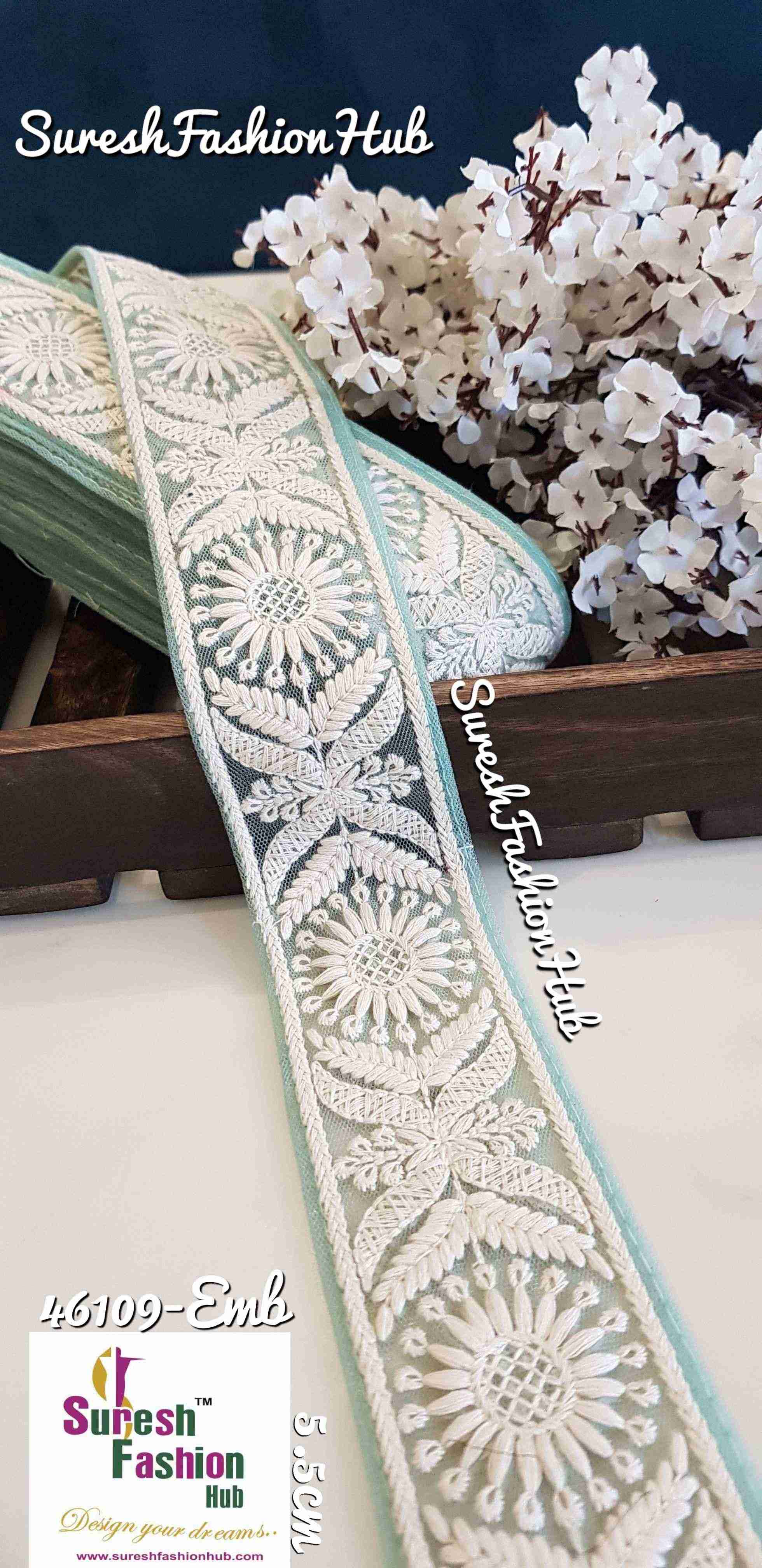 Thread Embroidered Flower & Leaves Sea Green Trim