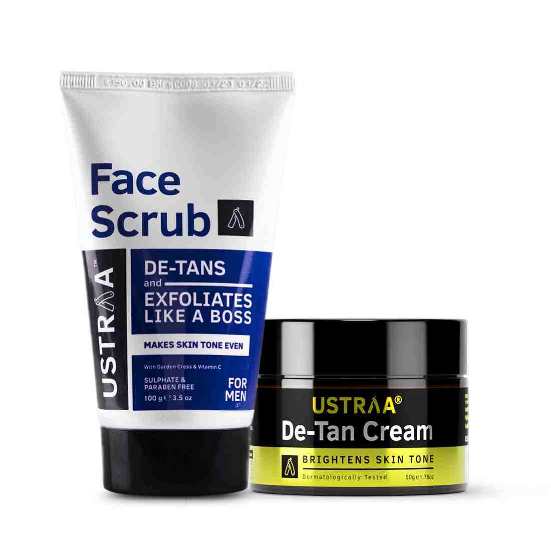 Ustraa Total De-Tan Kit - De-tan Face Cream, 50g - De-Tan Face Scrub with Walnut Granules, 100g- Dermatologically Tested, For Tan Removal & Even Skin Tone, For All Skin Types