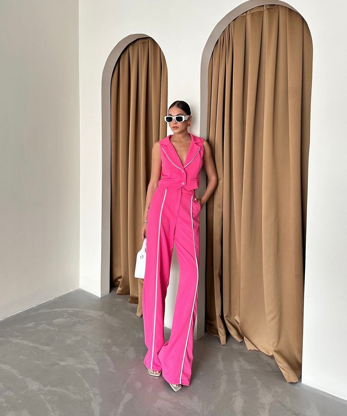 Fuchsia waistcoat and pants co-ord set with piping