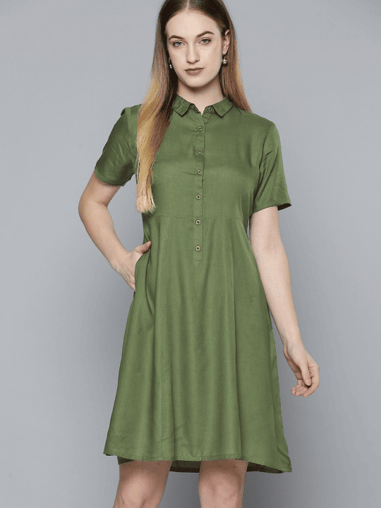 Olive Green Solid Shirt Dress