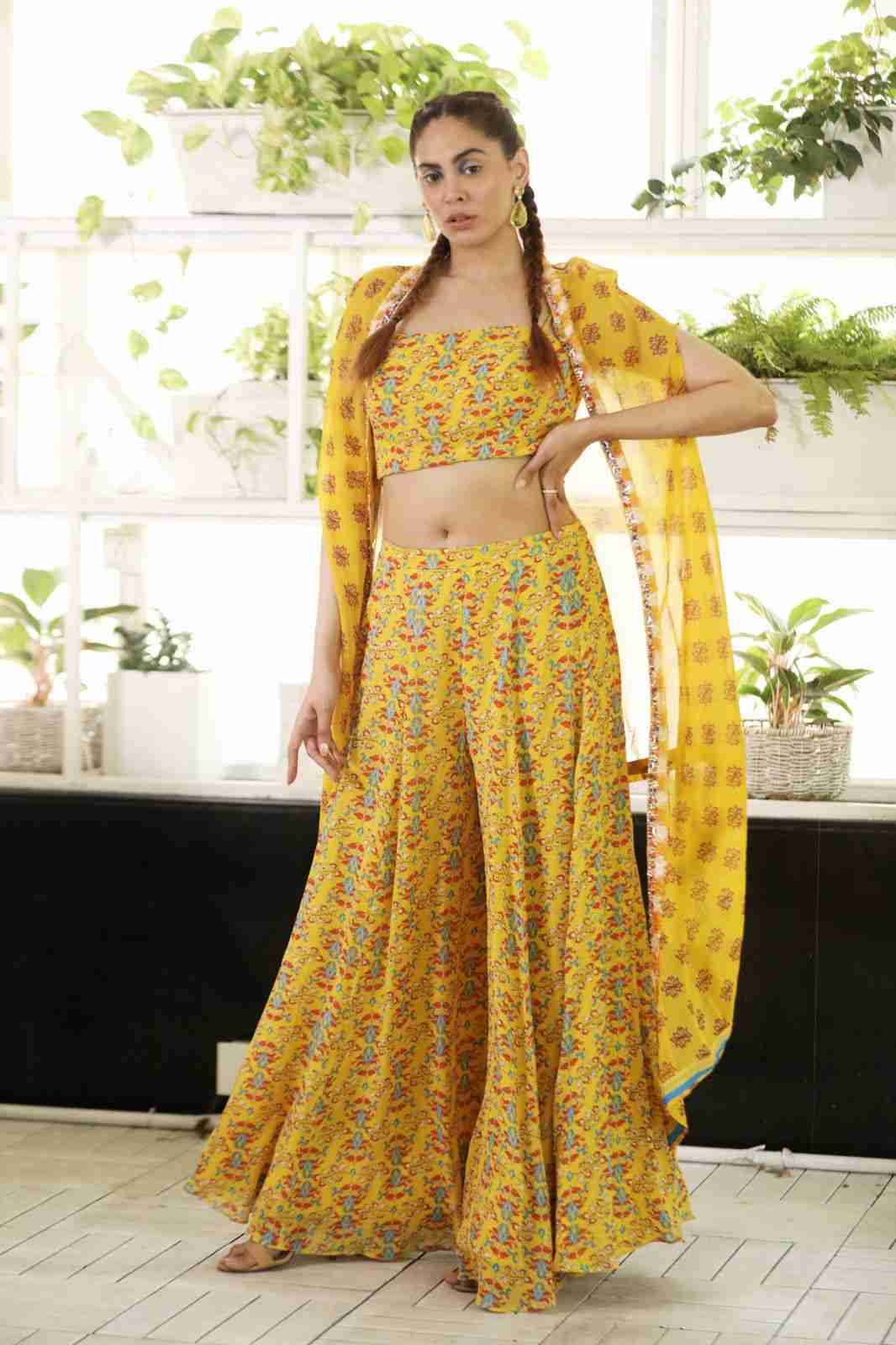 Yellow Printed Hand Embroidered Cape And Sharara Set