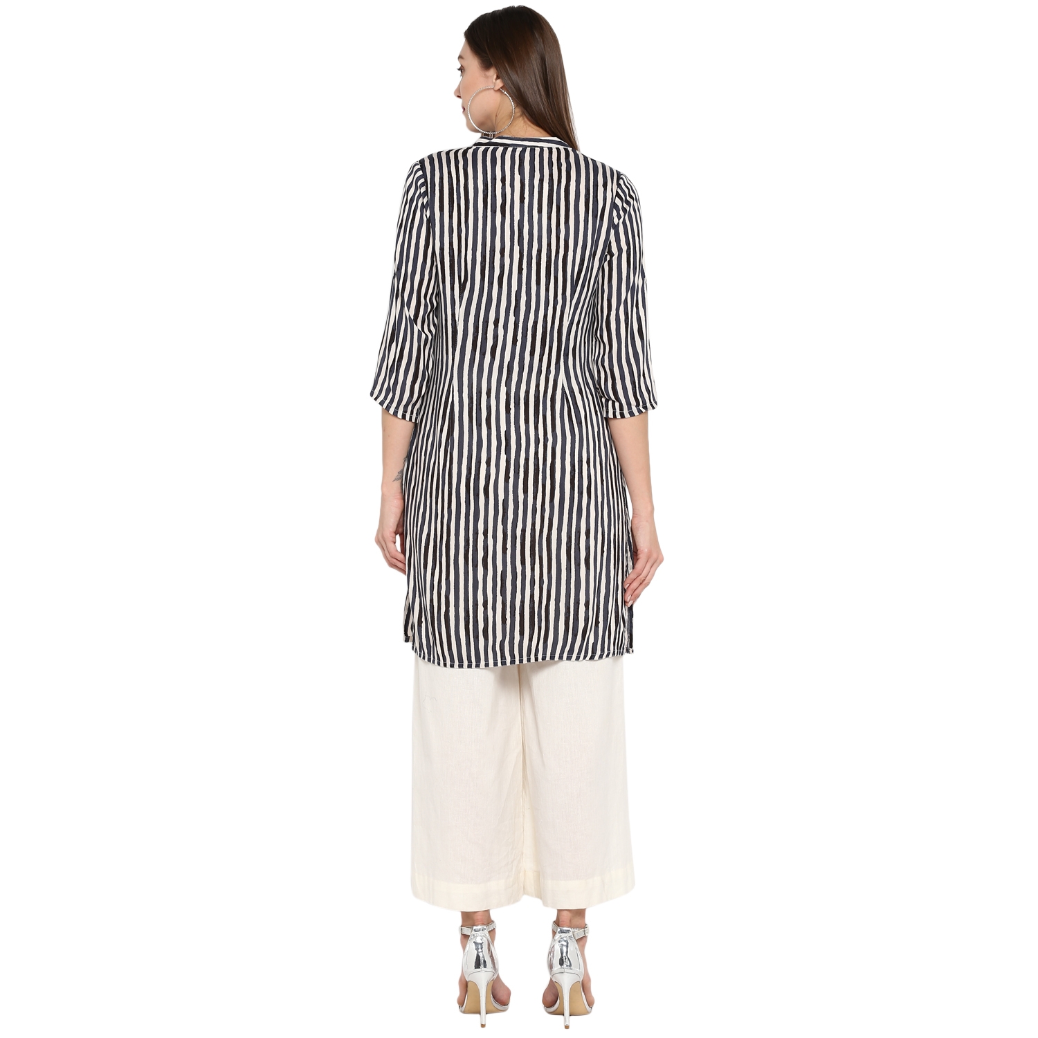ANTARAN | Grey striped rollup sleeve cotton kurta 1