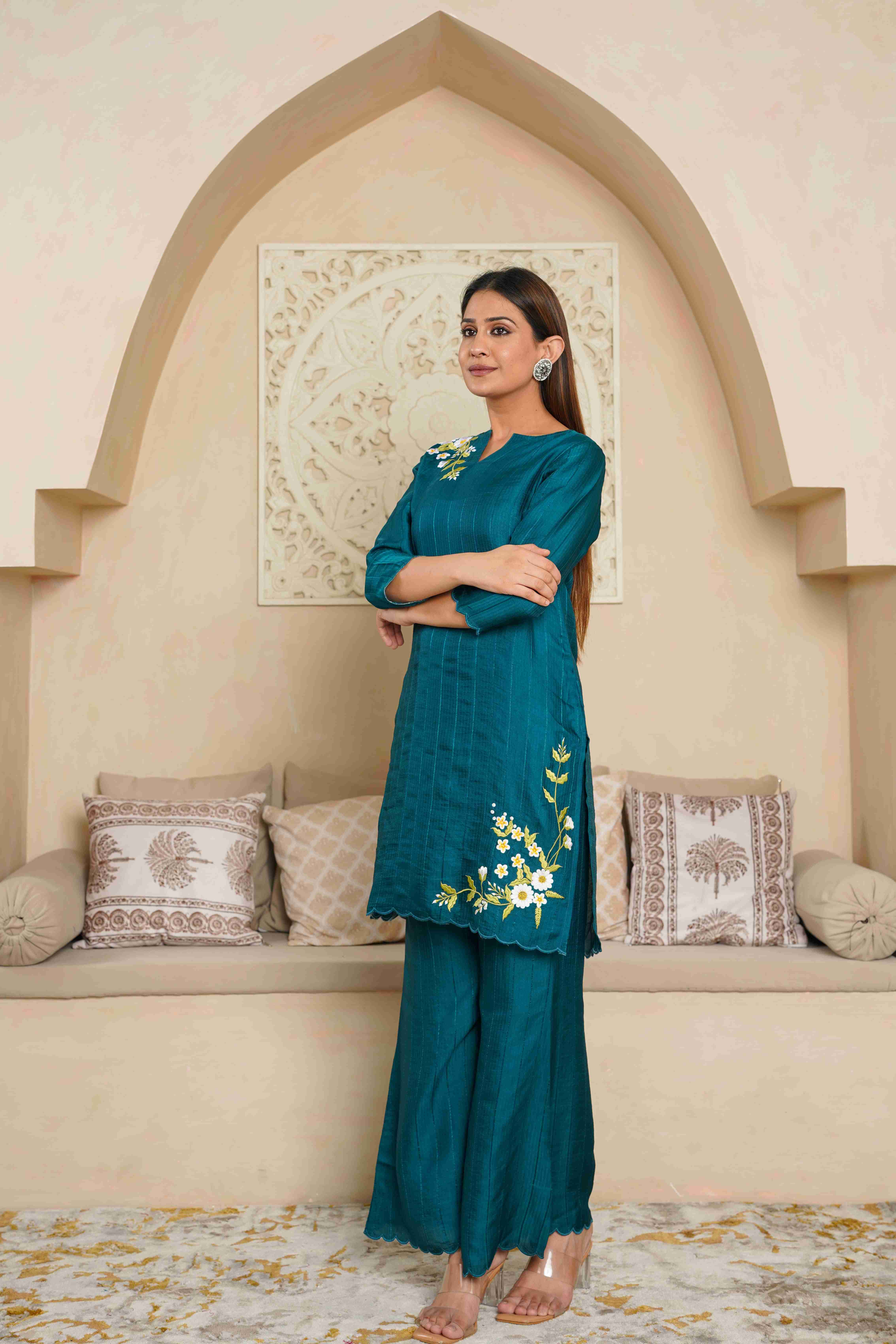 SELF DESIGN SOLID FLORAL EMBROIDERED CO-ORD SET