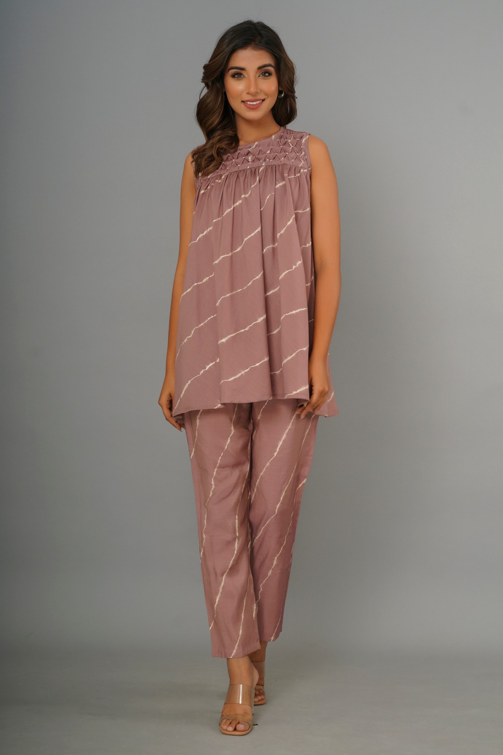 Pink Colored Printed And Gathered Peplum Co-Ord Set