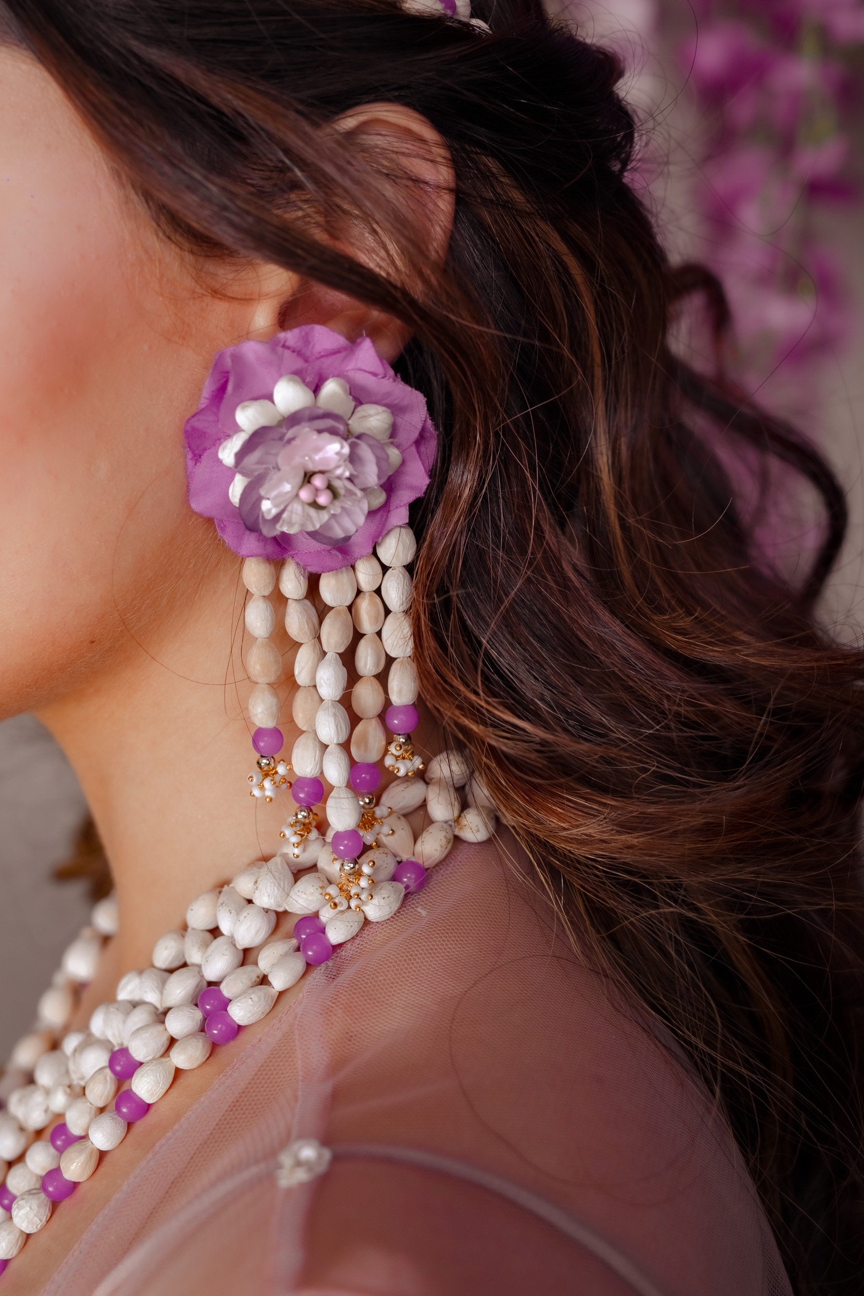 Floral art | Purple White Bead Work Earings for Women undefined