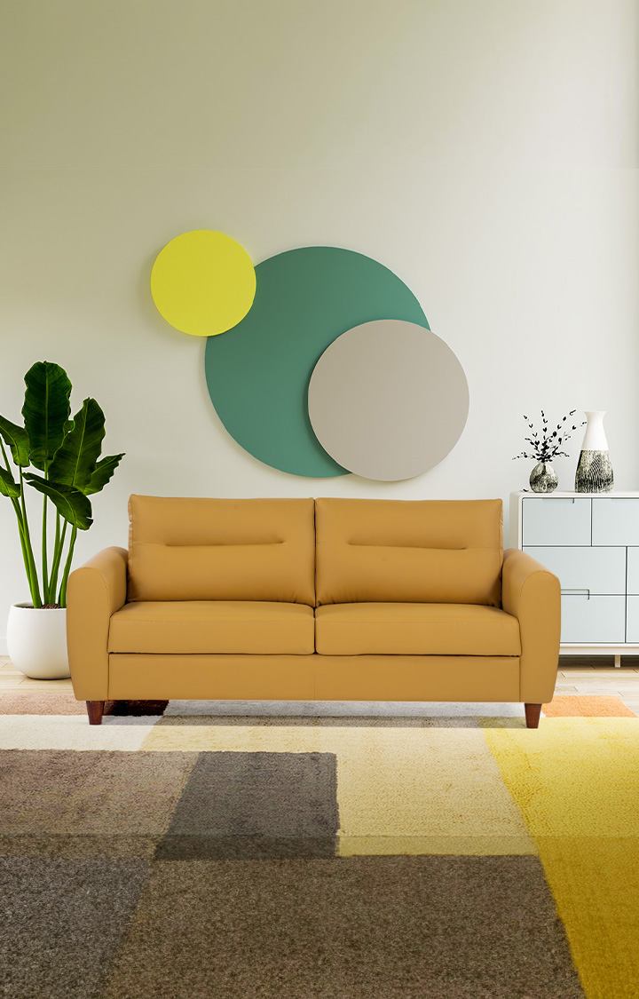 neudot Scott Sofa for Living Room |3 Persons Sofa|Premium Leatherette with Cushioned Armrest | Solid Wood Frame|3 Seater in Husky Yellow Color