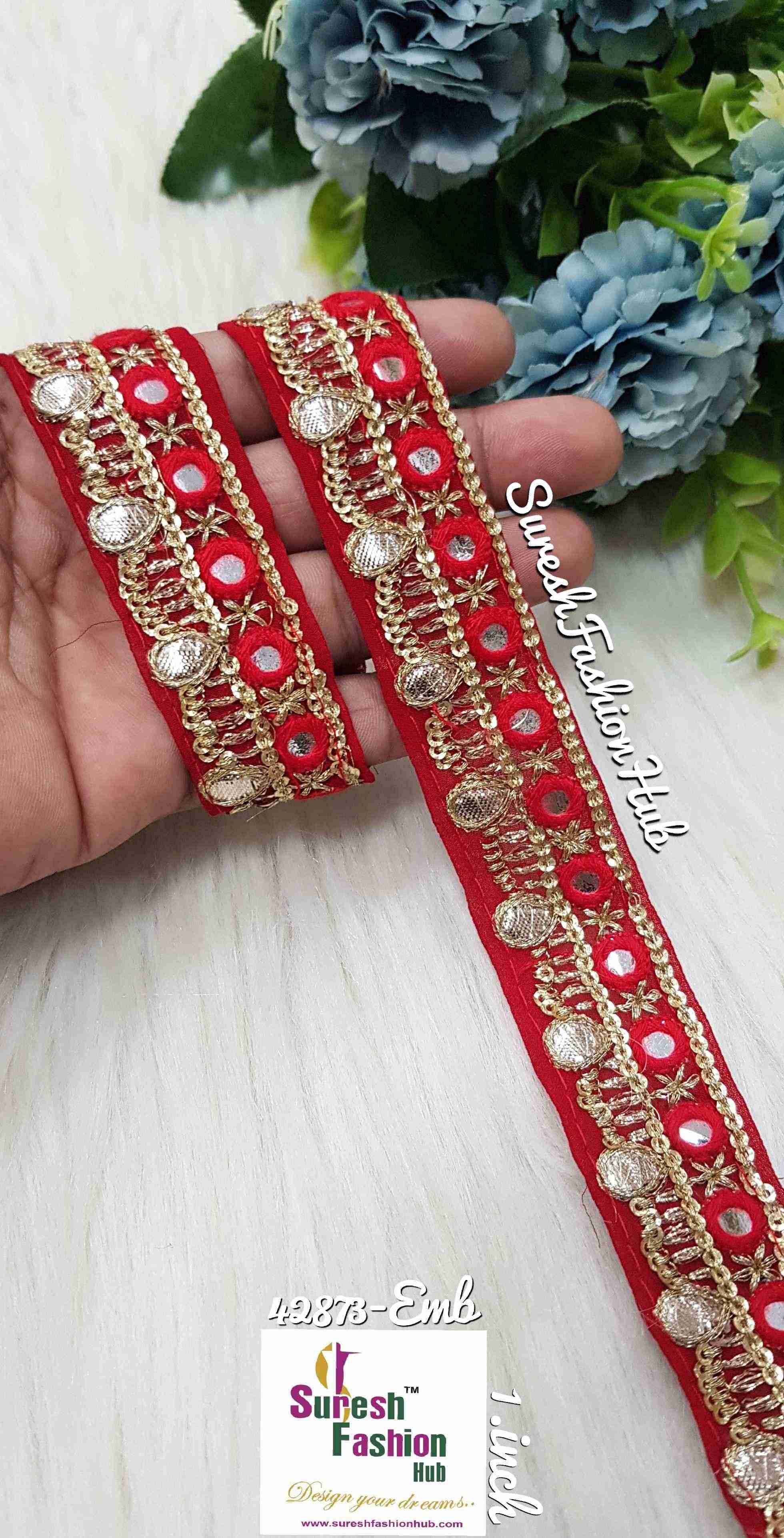 Red Mesh Mosaic Embroidery Designer Trim