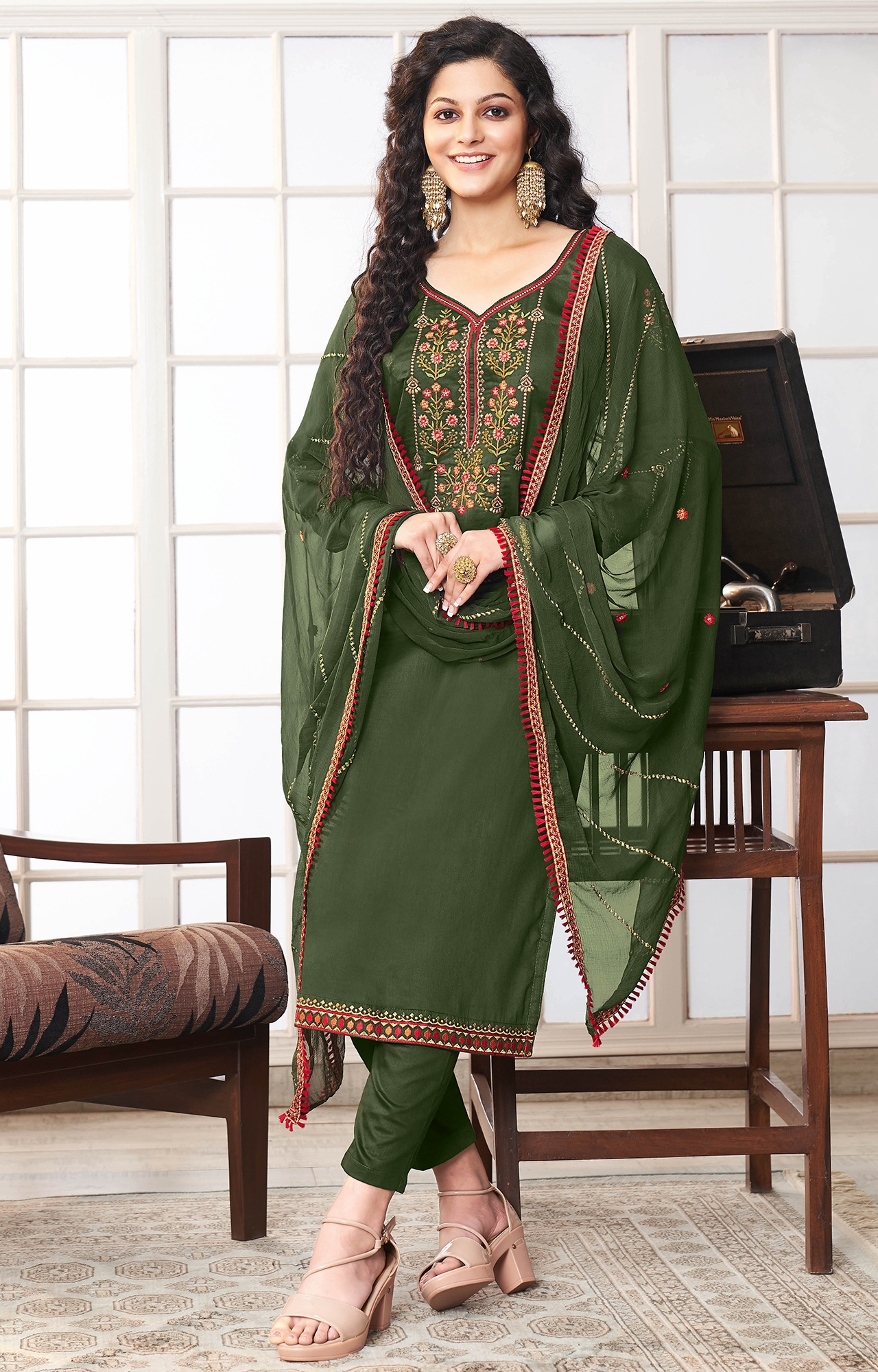 SHAILY RETAILS | Green Color Cotton Embroidered Unstitched Dress Material-FL_PANKHUDI1093_DM 0