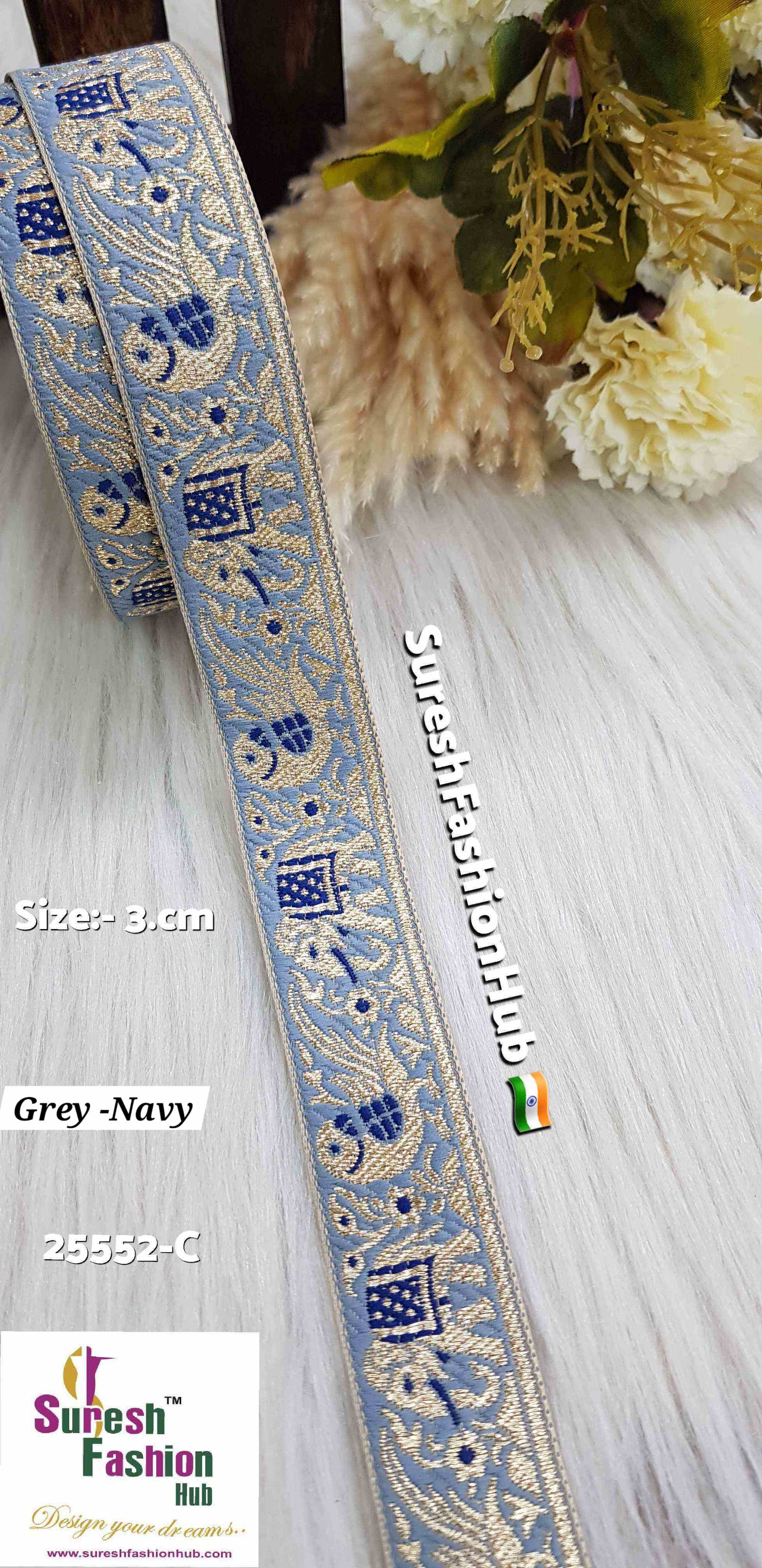 Grey & Navy Color Elephant Parrot Banarasi Lace