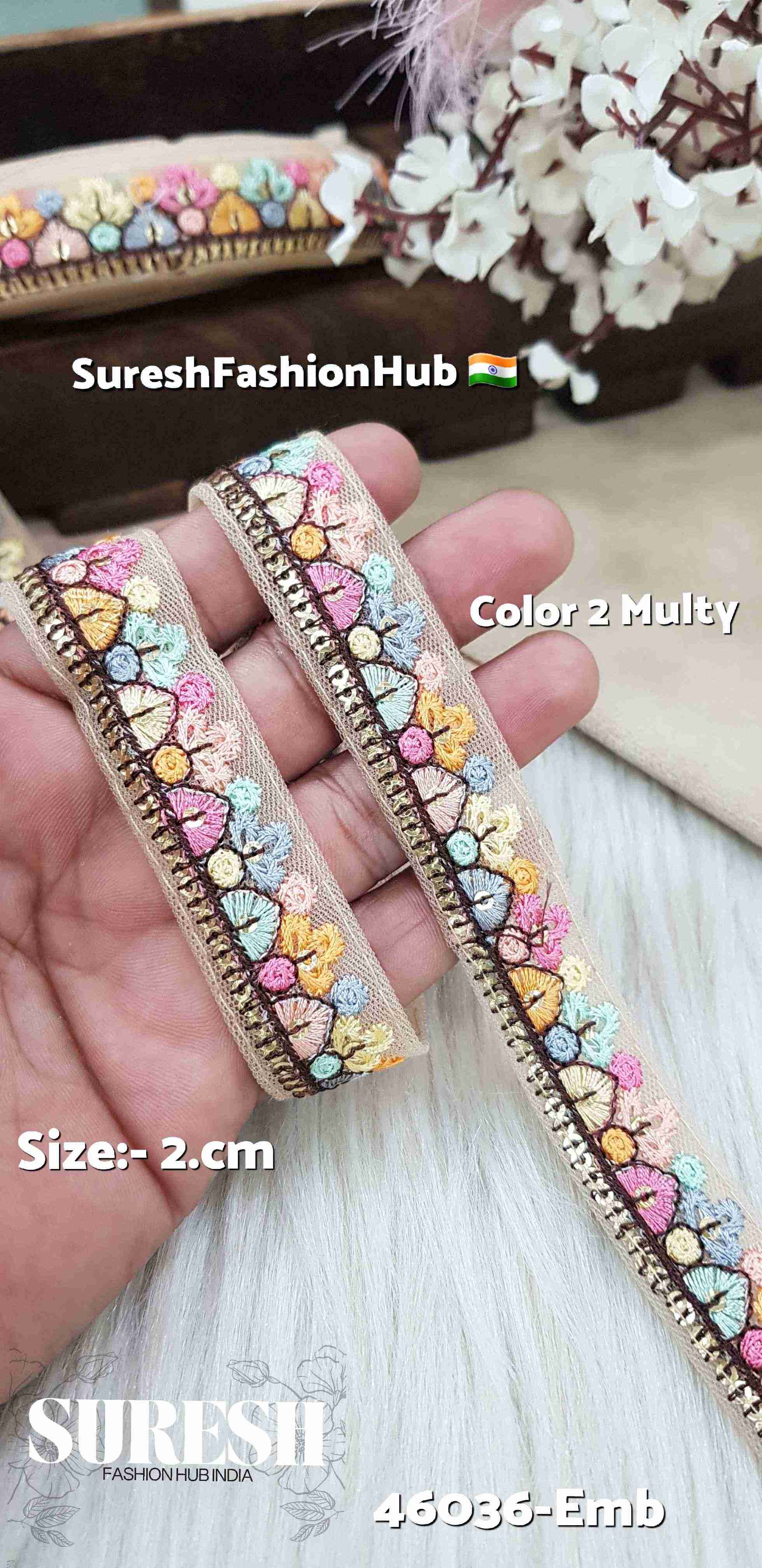 Color 2 Multi-Color Floral Embroidery Beige Net Lace