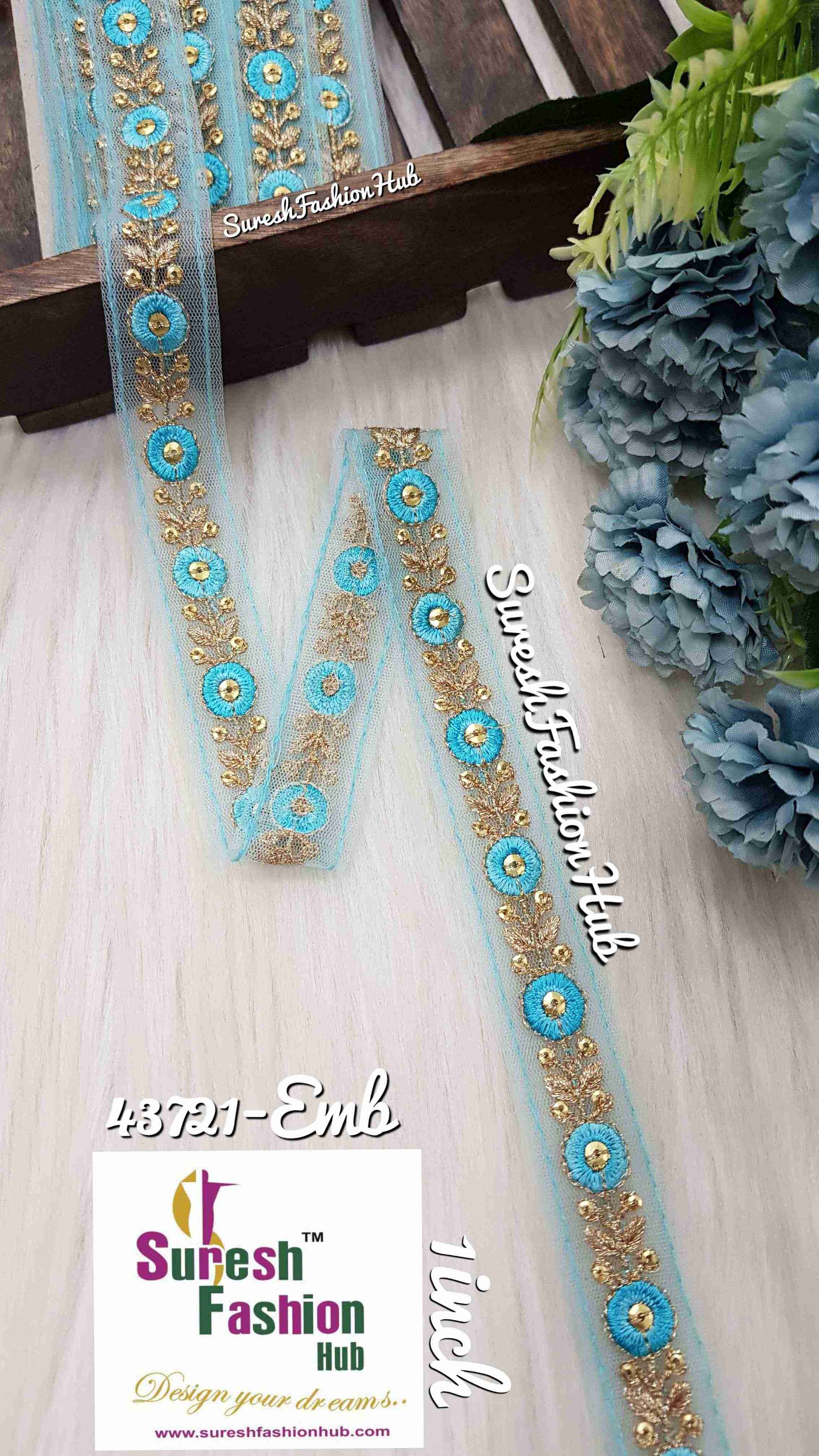 Firozi Threaded  Petals with Zari Embroidered Trim