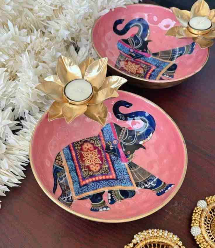 Set of 2 Metal Elephant print flowers prints urli cum platter bowl