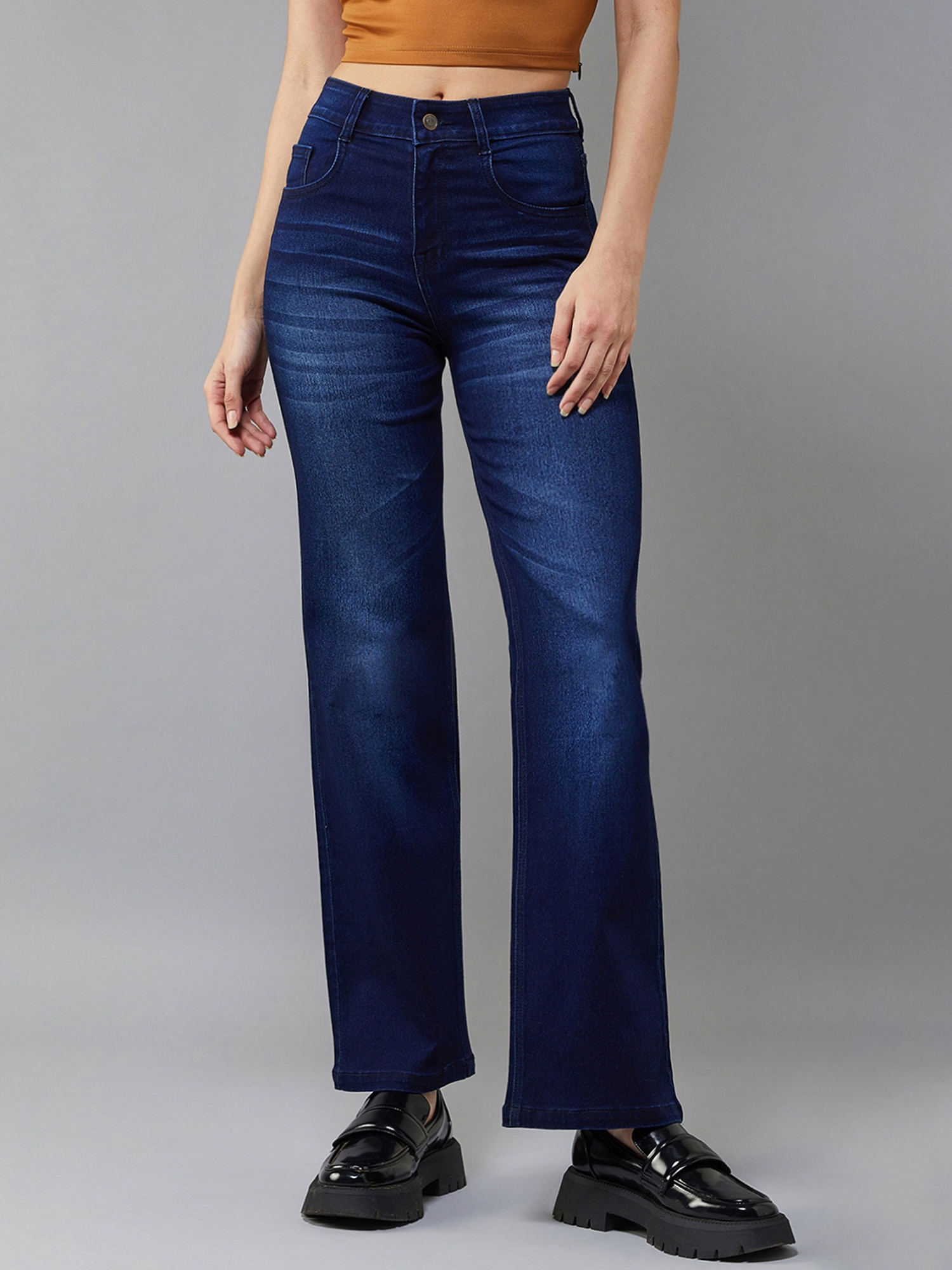 Women's Navy blue Wide leg Mid rise Clean look Regular Stretchable Denim Jeans