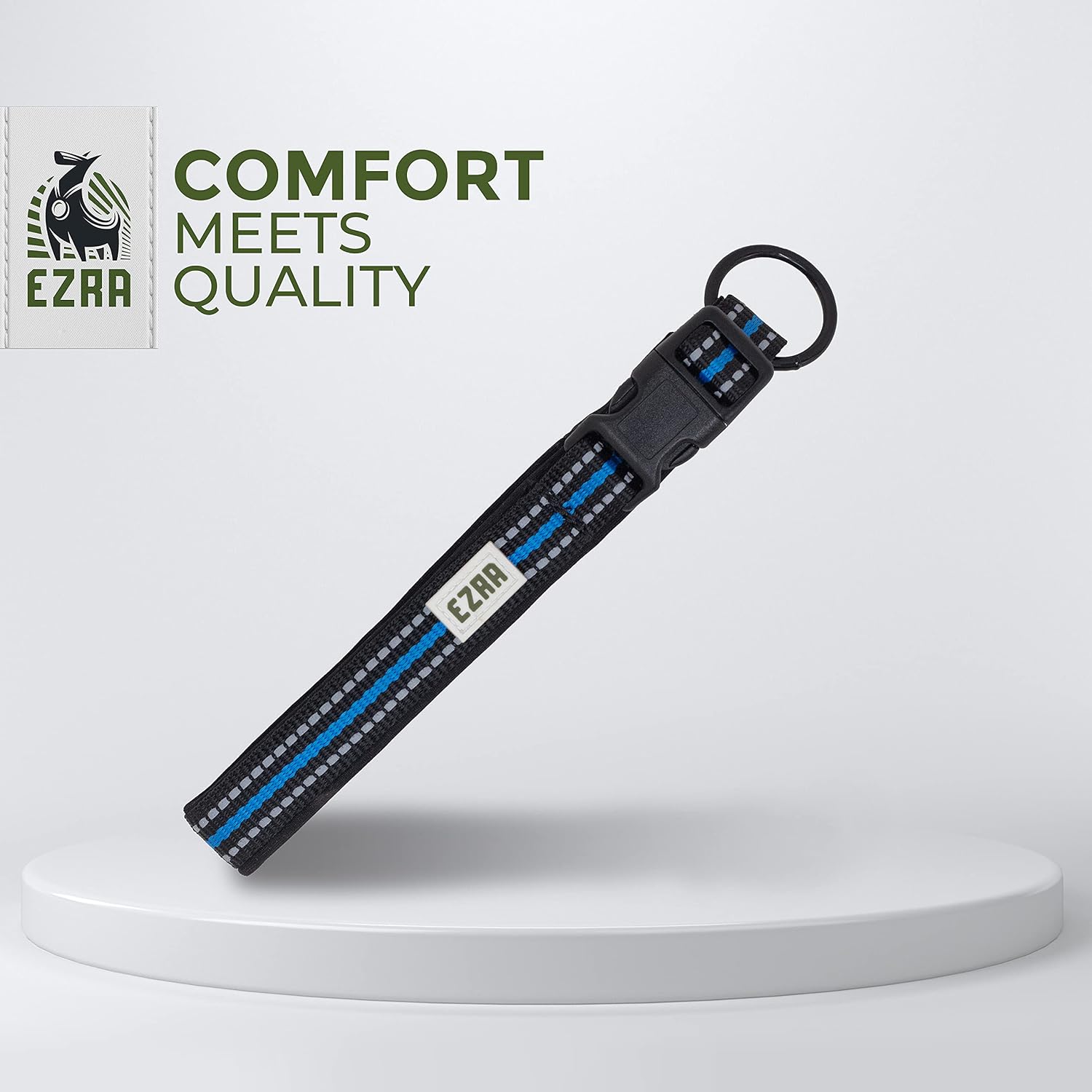 Ezra Hart Dog Collar, Durable Padded Adjustable Collar with Steel D-Ring, Blue