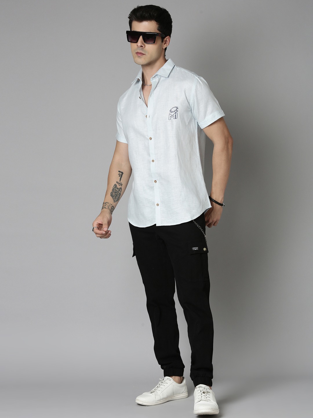 MI: Men Light Blue Back Printed Hemp Half Sleeves Shirt