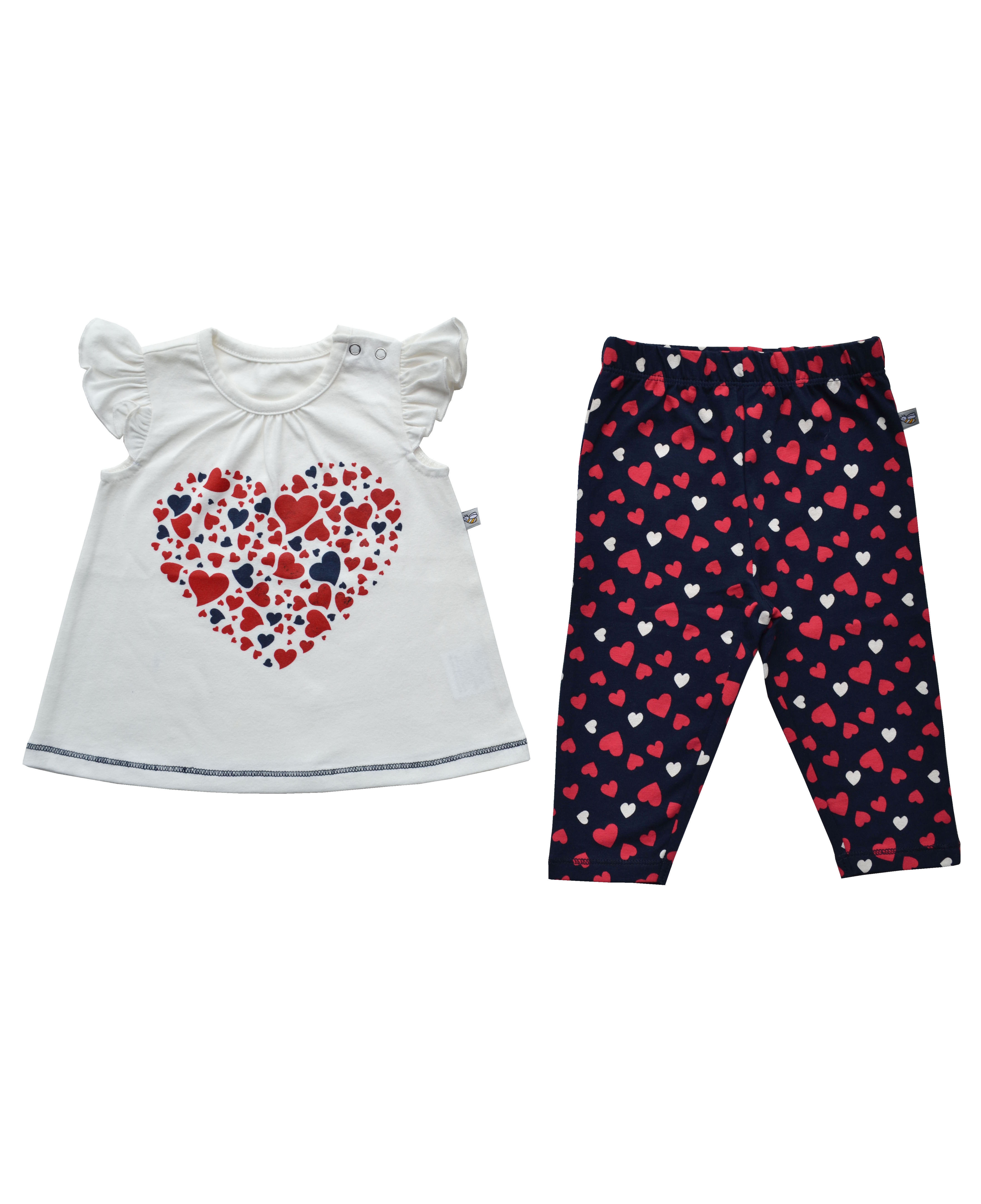 Babeez | Off White Heart Printed Top + Navy Allover Heart Printed Legging Set (95% Cotton 5% Elasthan) undefined