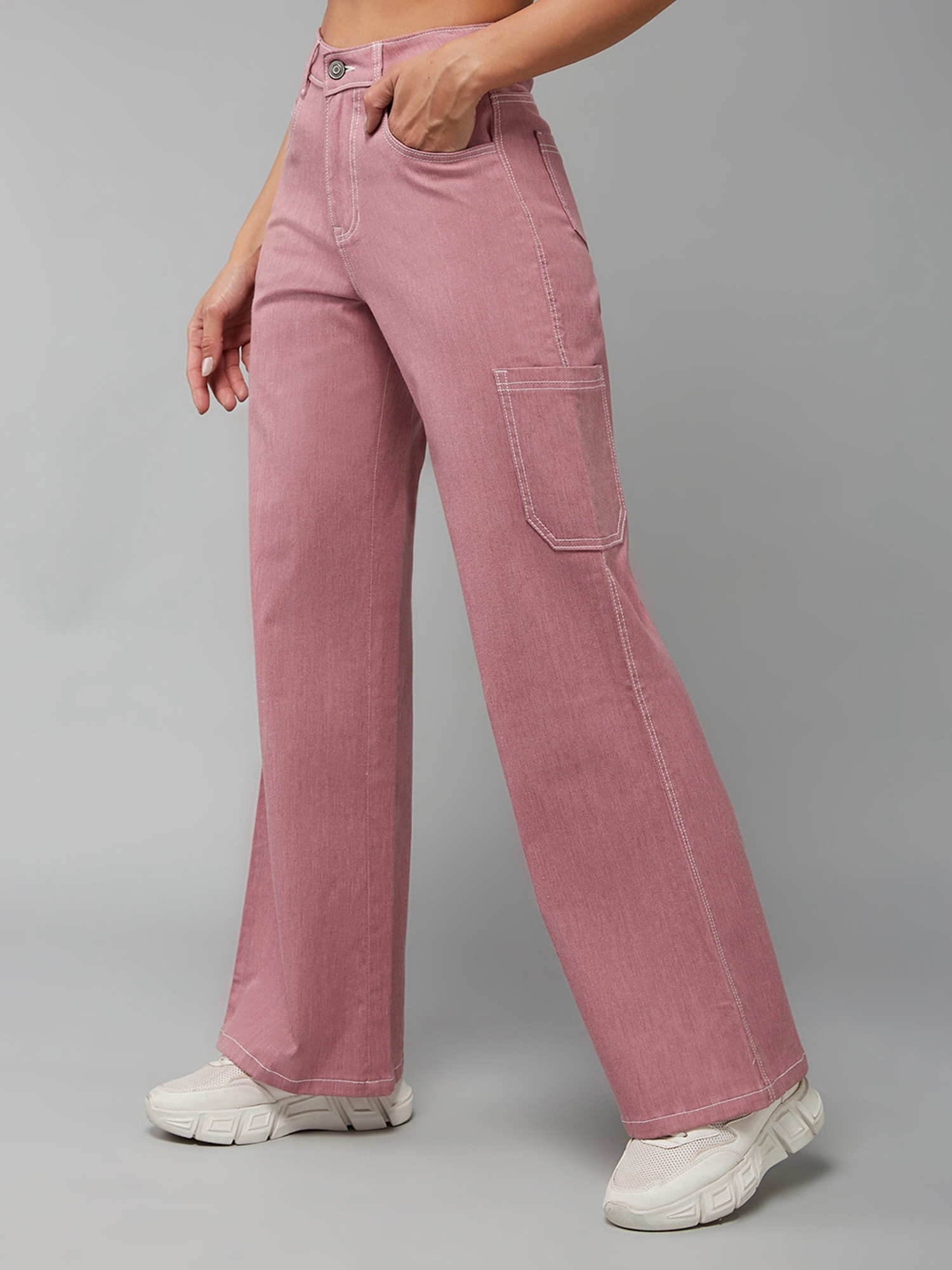 Dolce Crudo | Women's Dusty Pink Wide-Leg High Rise Clean Look Regular-Length Stretchable Denim Pants