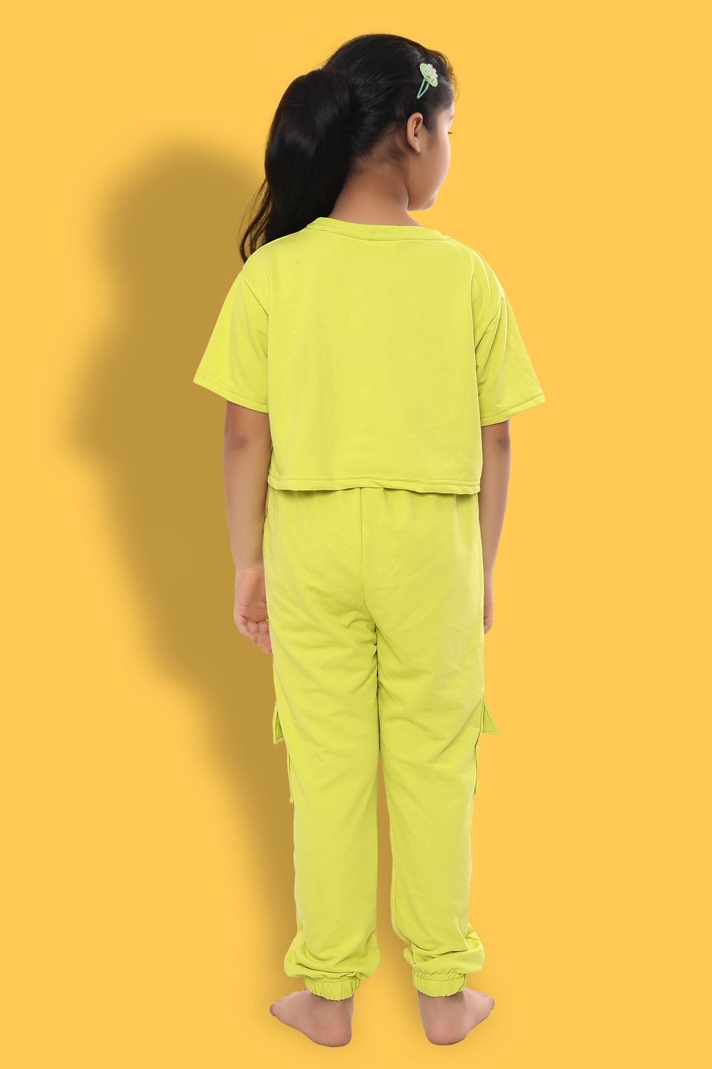 Ninos Dreams Girls Solid Cargo Style Joggers with Oversized Crop Top- Lemon Yellow