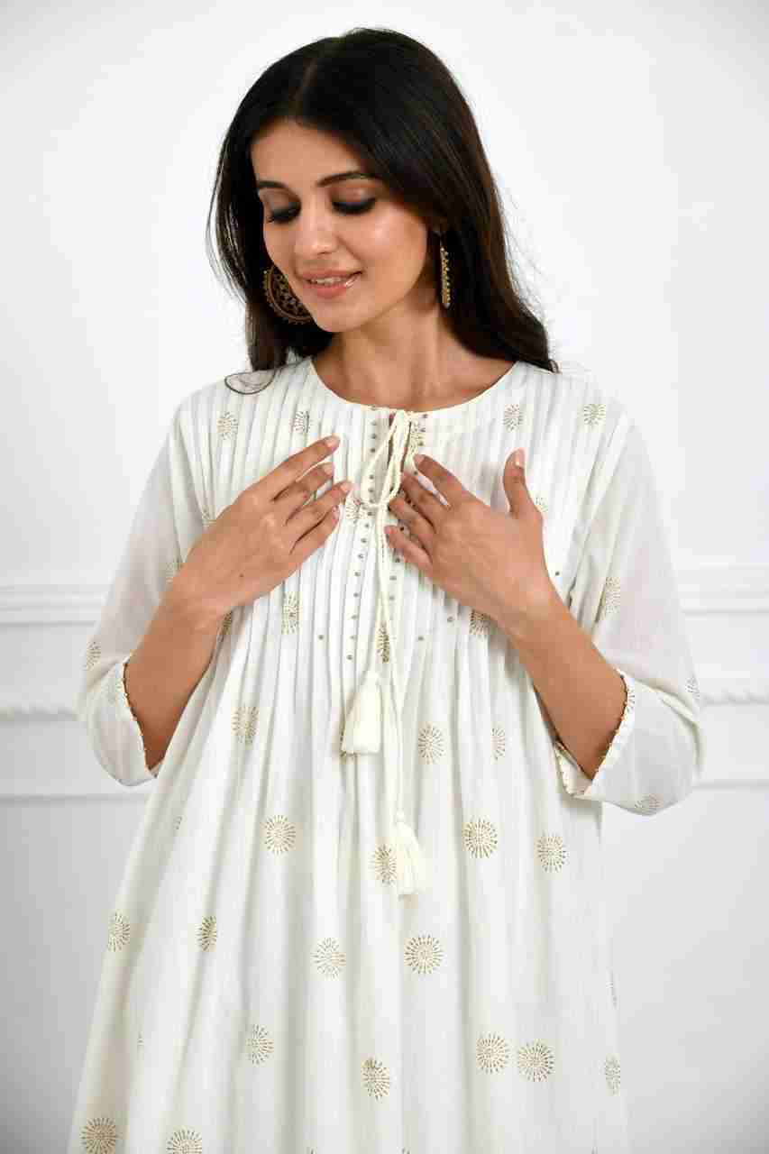 Naksh White Gold Printed Pleated Kurta And Solid Pants (Set of 2)