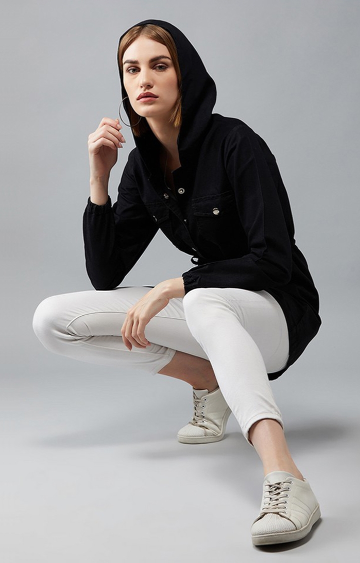 Dolce Crudo | Women's Black Cotton Solid Denim Jacket 2