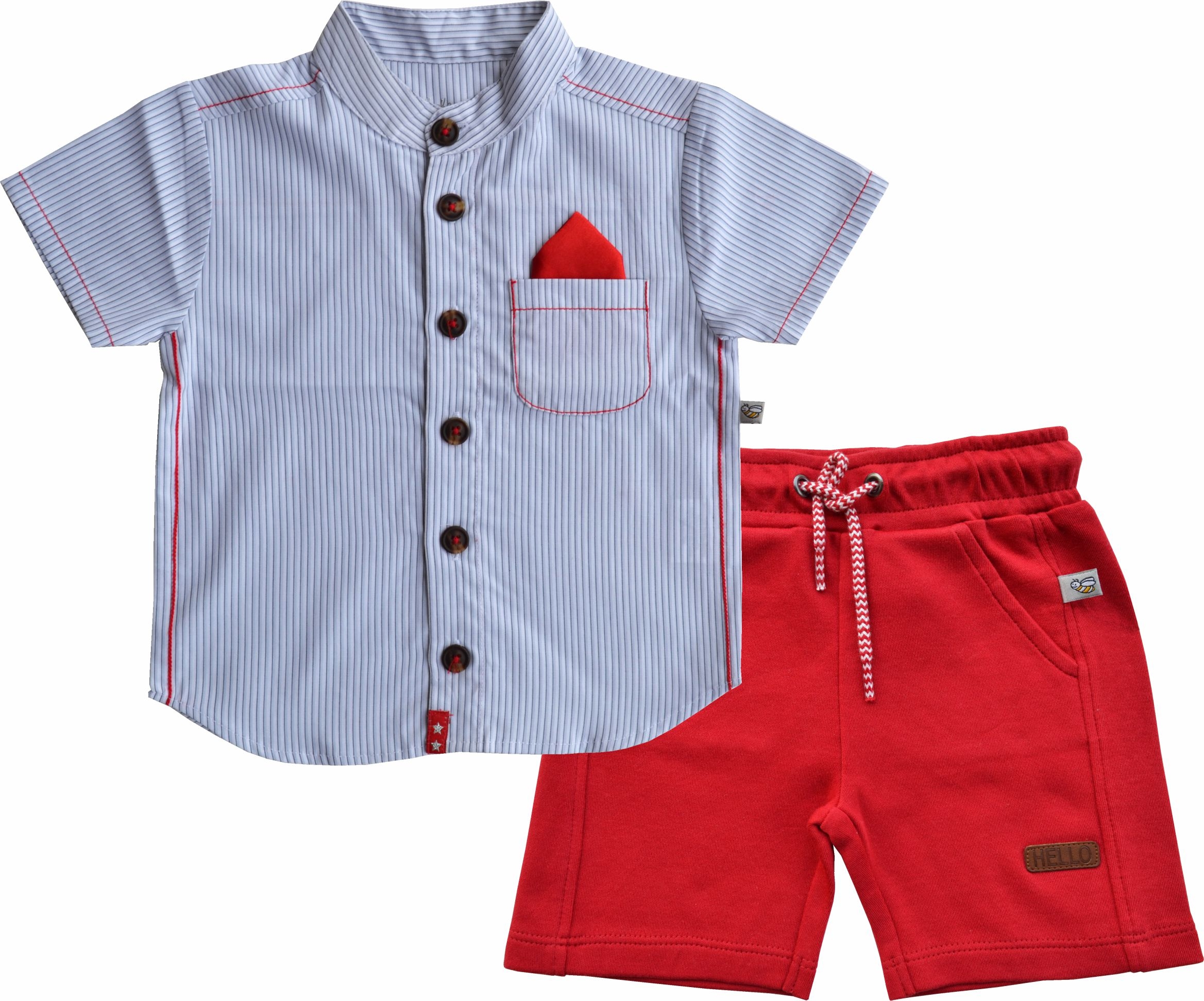 White Stripe Short Sleeve Kurta Shirt+Red Shorts Set (100% Cotton)