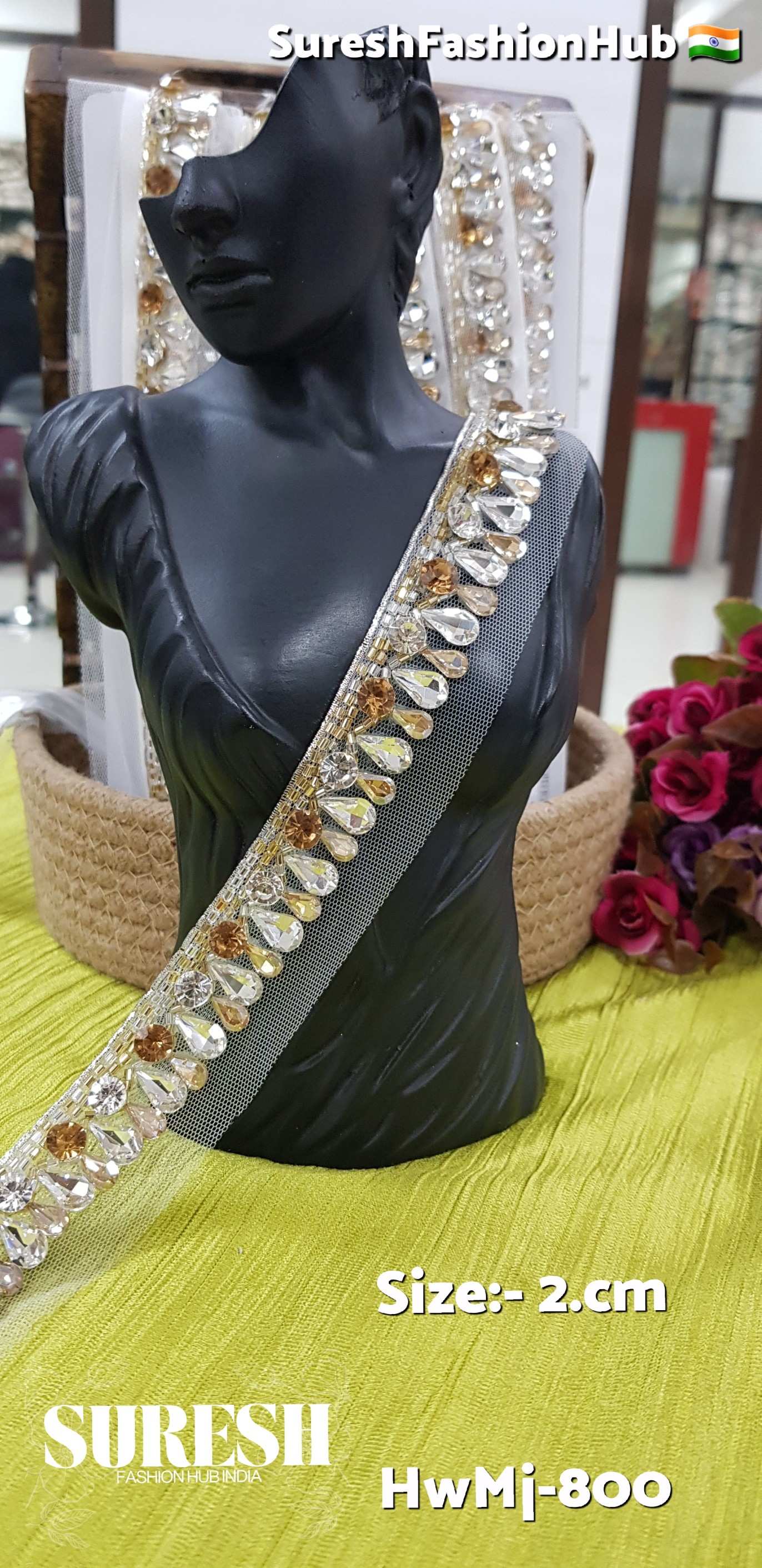 Gold & Silver Rhinestone & Cutdhana Leaf Handmade Lace – Design No. Mj-800