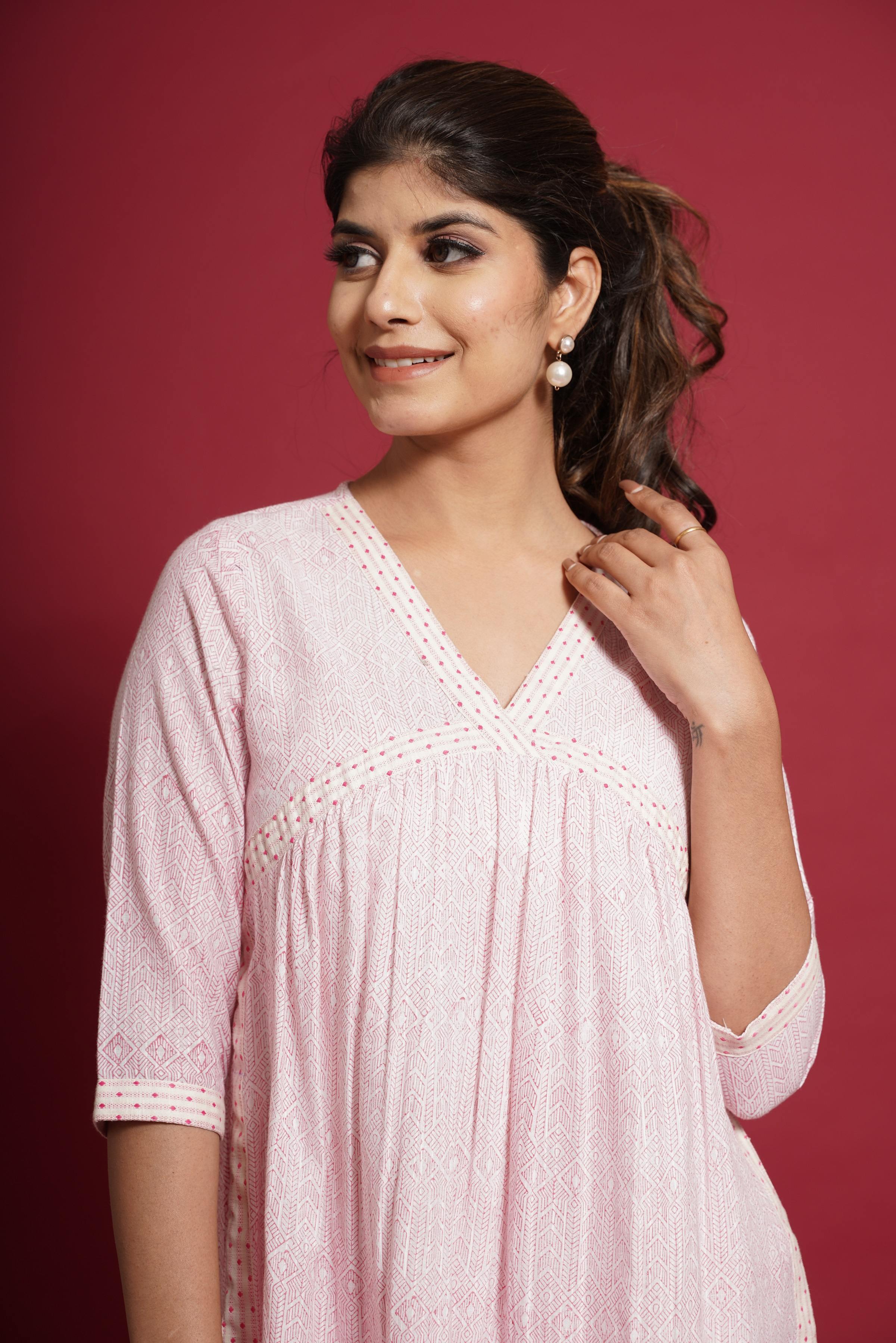 PINK BLOCK PRINT COTTON KURTA SET