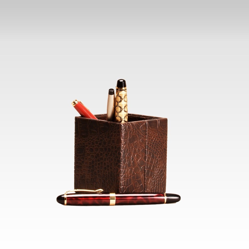 Unmet-desire-croco-series-pen-holder-stand-brown-color-small-one-compartment-back-view