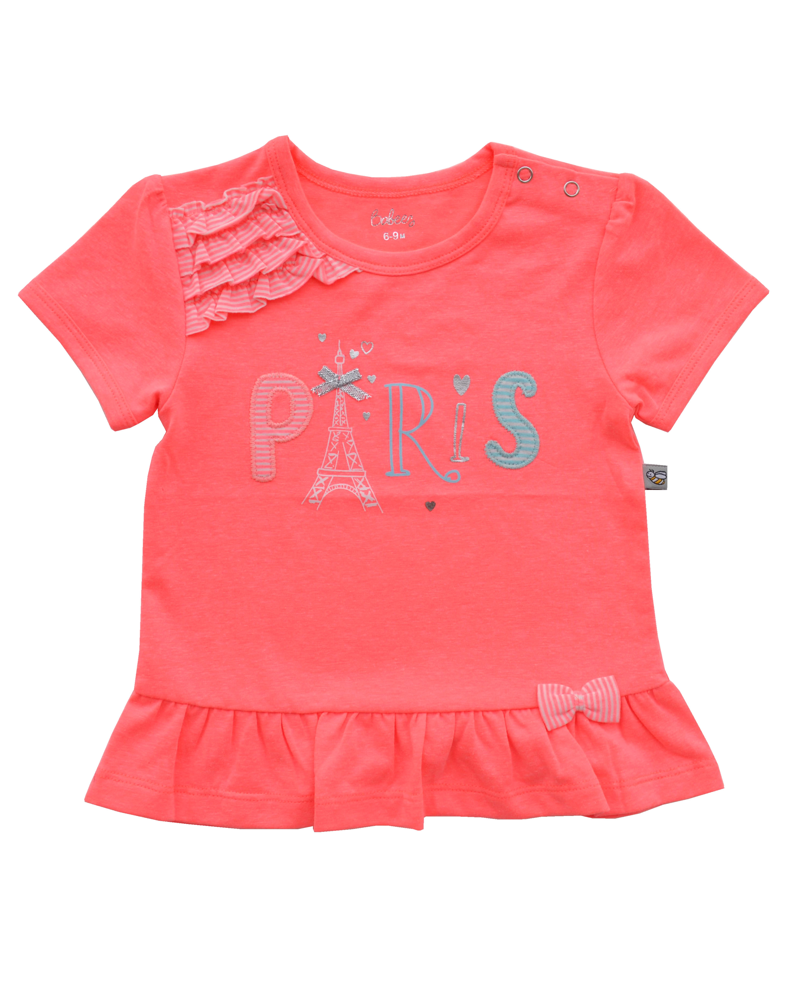 Babeez | PARIS Applique on Orange colour Short Sleeves Top (95% Cotton 5% Elasthan Jersey) undefined