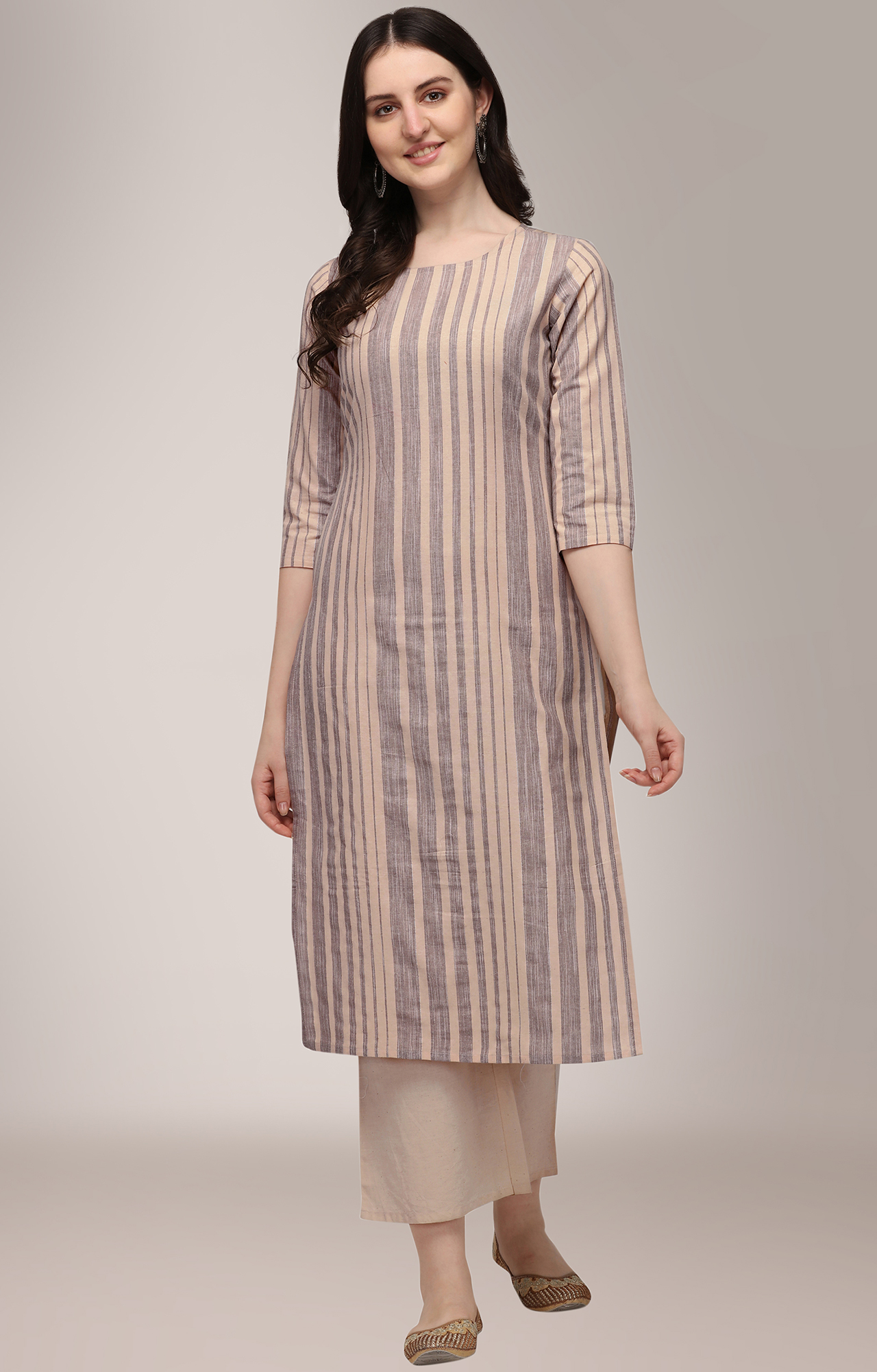 Women Beige Striped Print Casual Kurta - SNJH_HRK005BRWN
